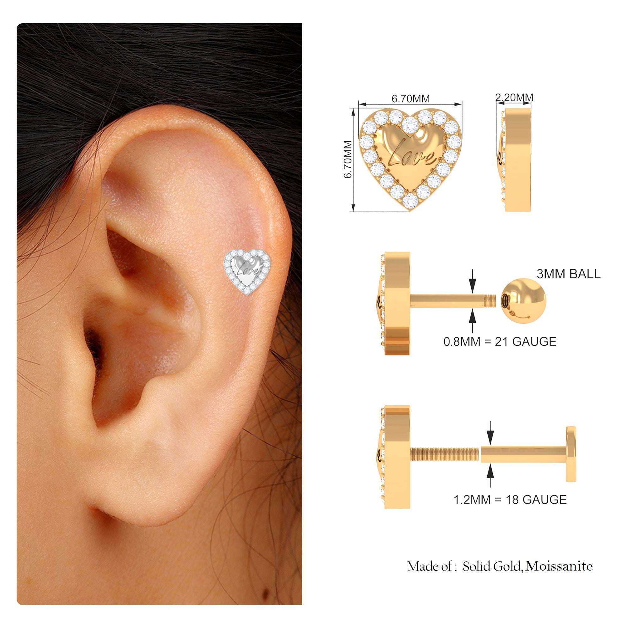 Certified Moissanite Love Heart Earring for Helix Piercing Moissanite - ( D-VS1 ) - Color and Clarity - Rosec Jewels