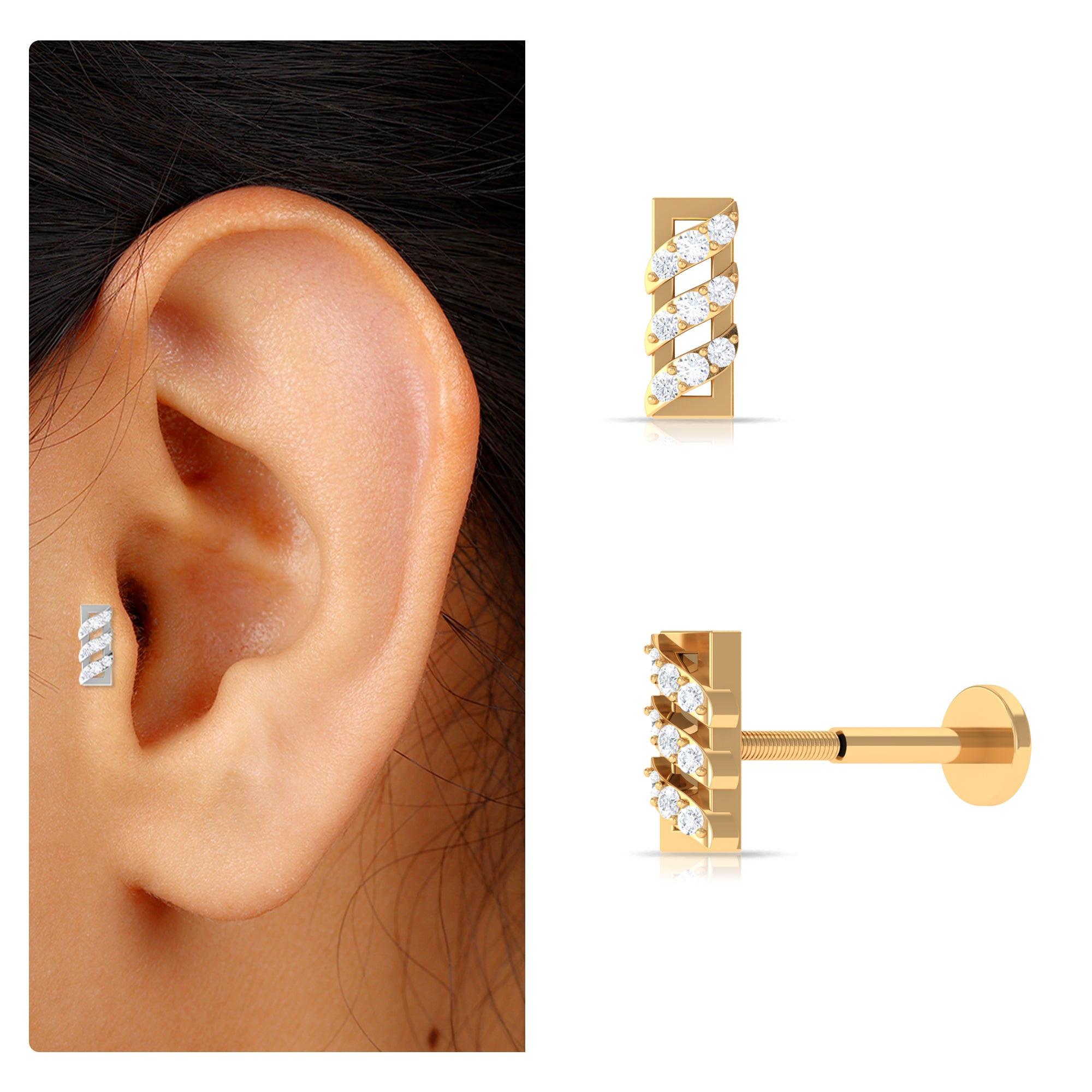 Minimalist Diamond Gold Bar Earring for Tragus Piercing Diamond - ( HI-SI ) - Color and Clarity - Rosec Jewels