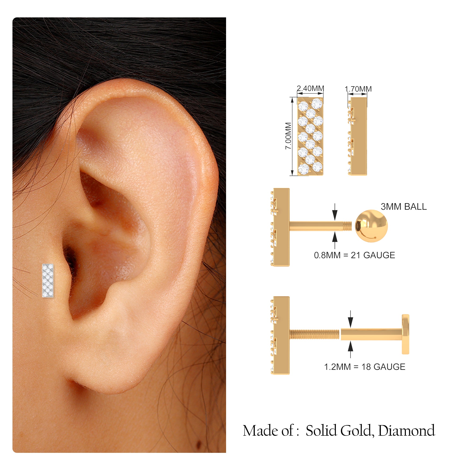 Genuine Diamond Gold Bar Earring for Tragus Piercing Diamond - ( HI-SI ) - Color and Clarity - Rosec Jewels