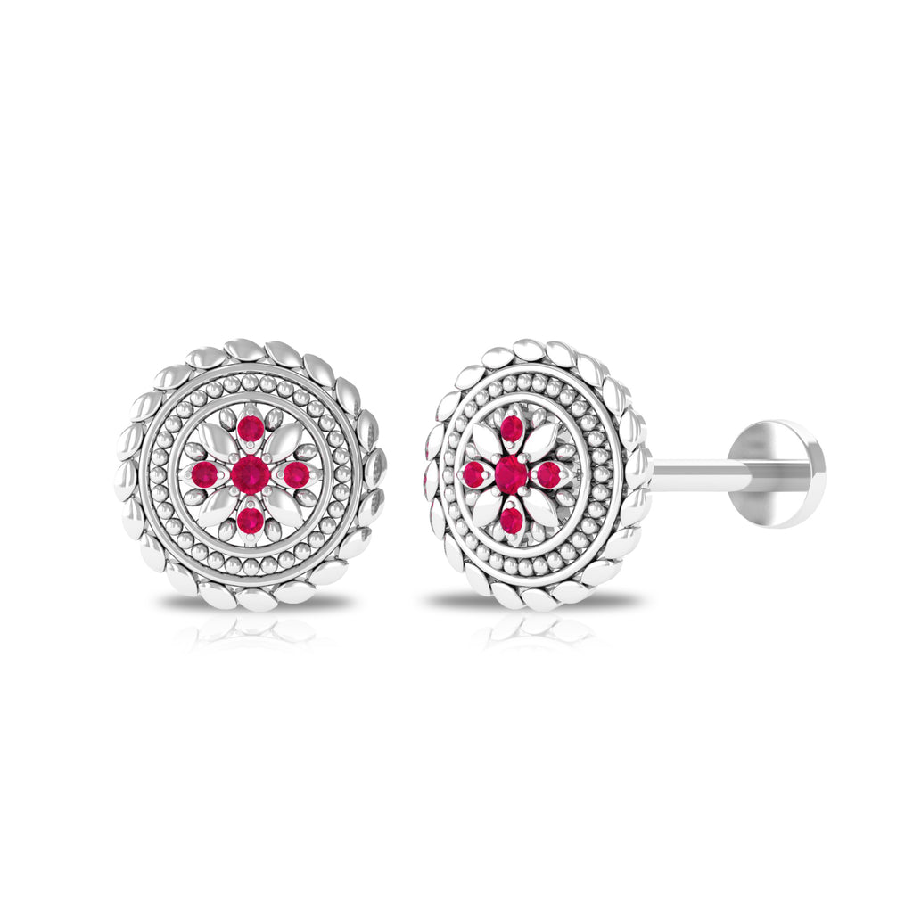 Statement Nose Pin with Created Ruby and Diamond Lab Created Ruby - ( AAAA ) - Quality - Rosec Jewels
