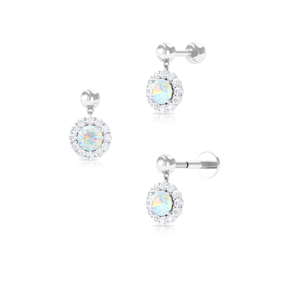 Ethiopian Opal and Moissanite Halo Cartilage Drop Earring Ethiopian Opal - ( AAA ) - Quality - Rosec Jewels