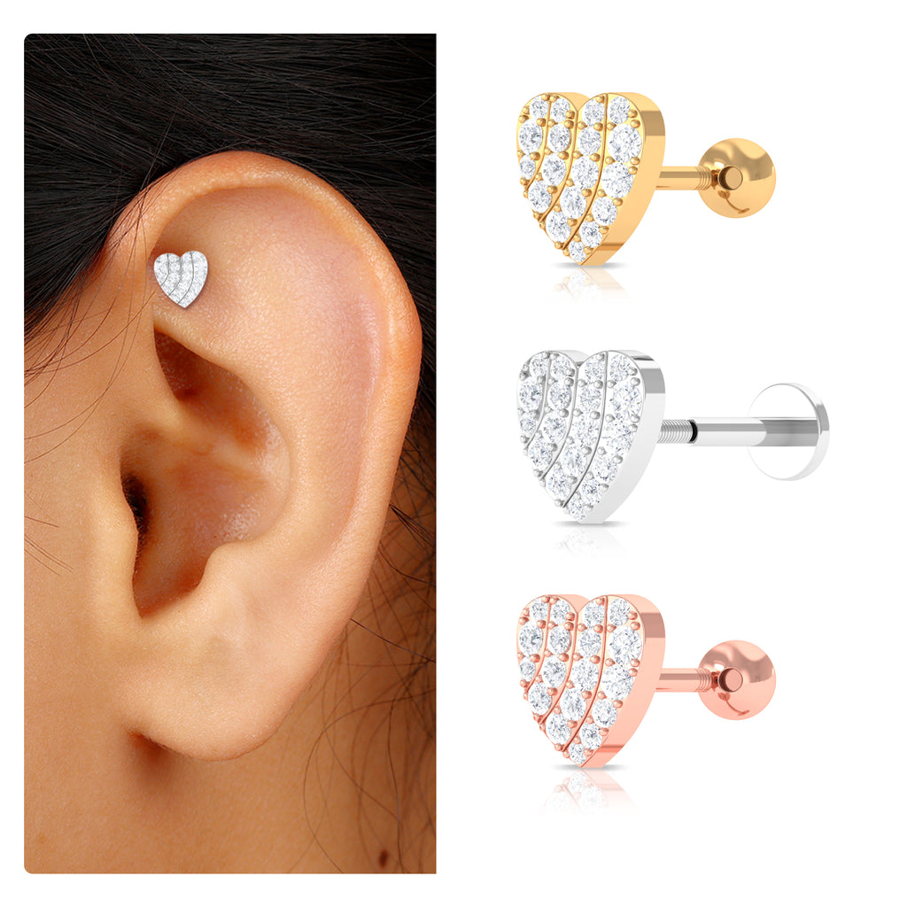Moissanite Gold Heart Earring for Cartilage Piercing Moissanite - ( D-VS1 ) - Color and Clarity - Rosec Jewels