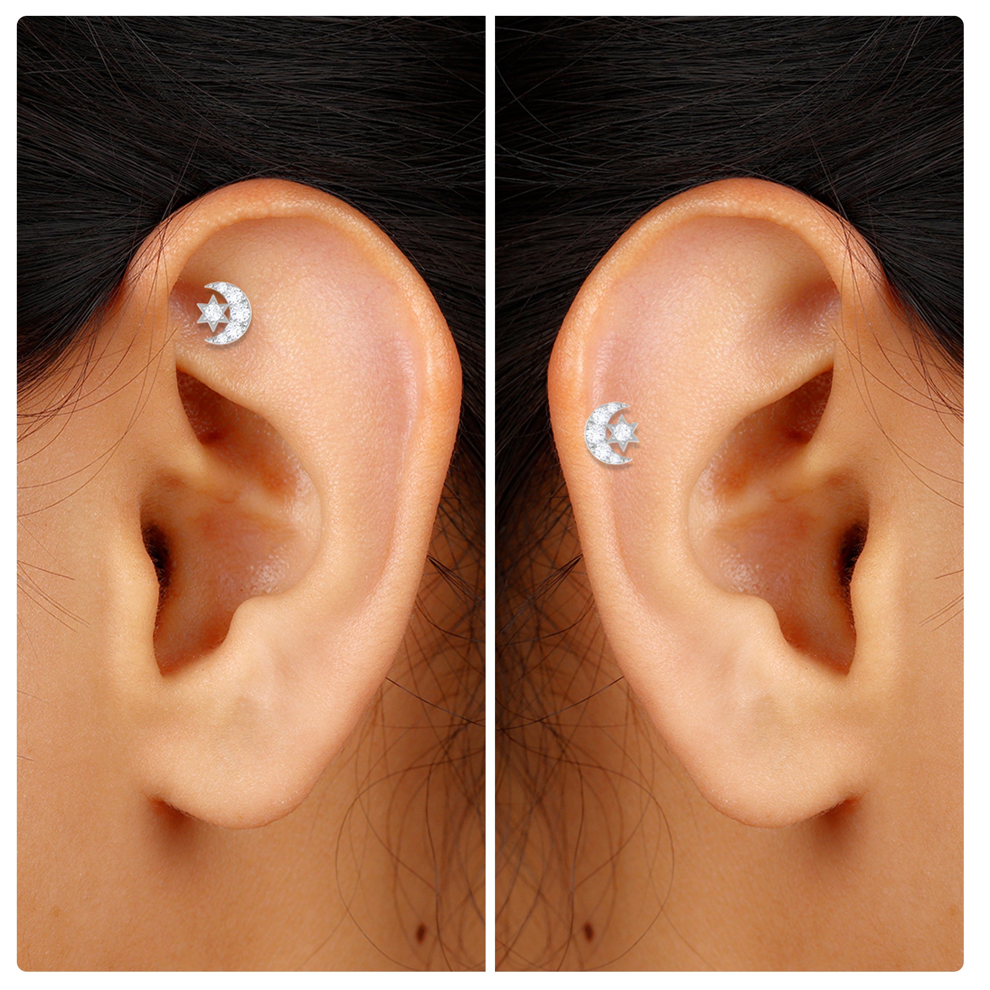 Moissanite Moon and Star Earring for Conch Piercing Moissanite - ( D-VS1 ) - Color and Clarity - Rosec Jewels