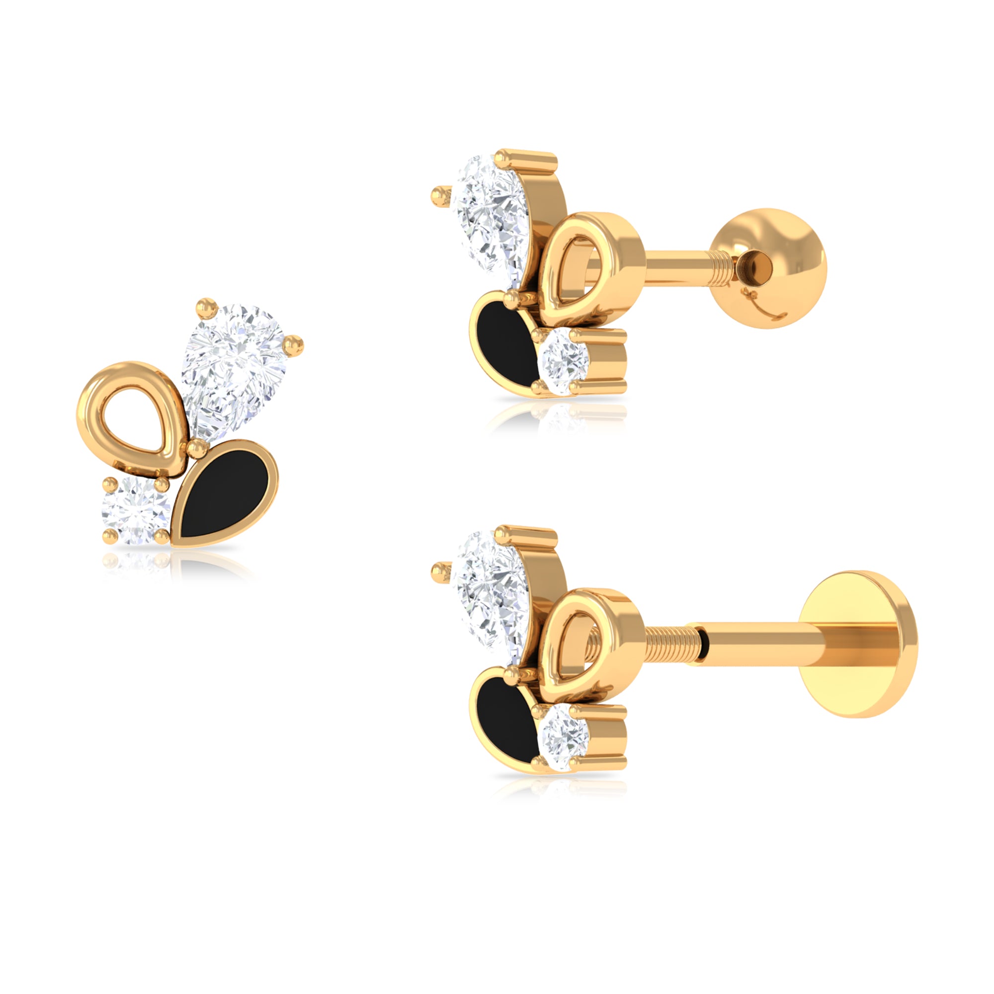 Pear Moissanite Cluster Conch Earring with Black Enamel Moissanite - ( D-VS1 ) - Color and Clarity - Rosec Jewels