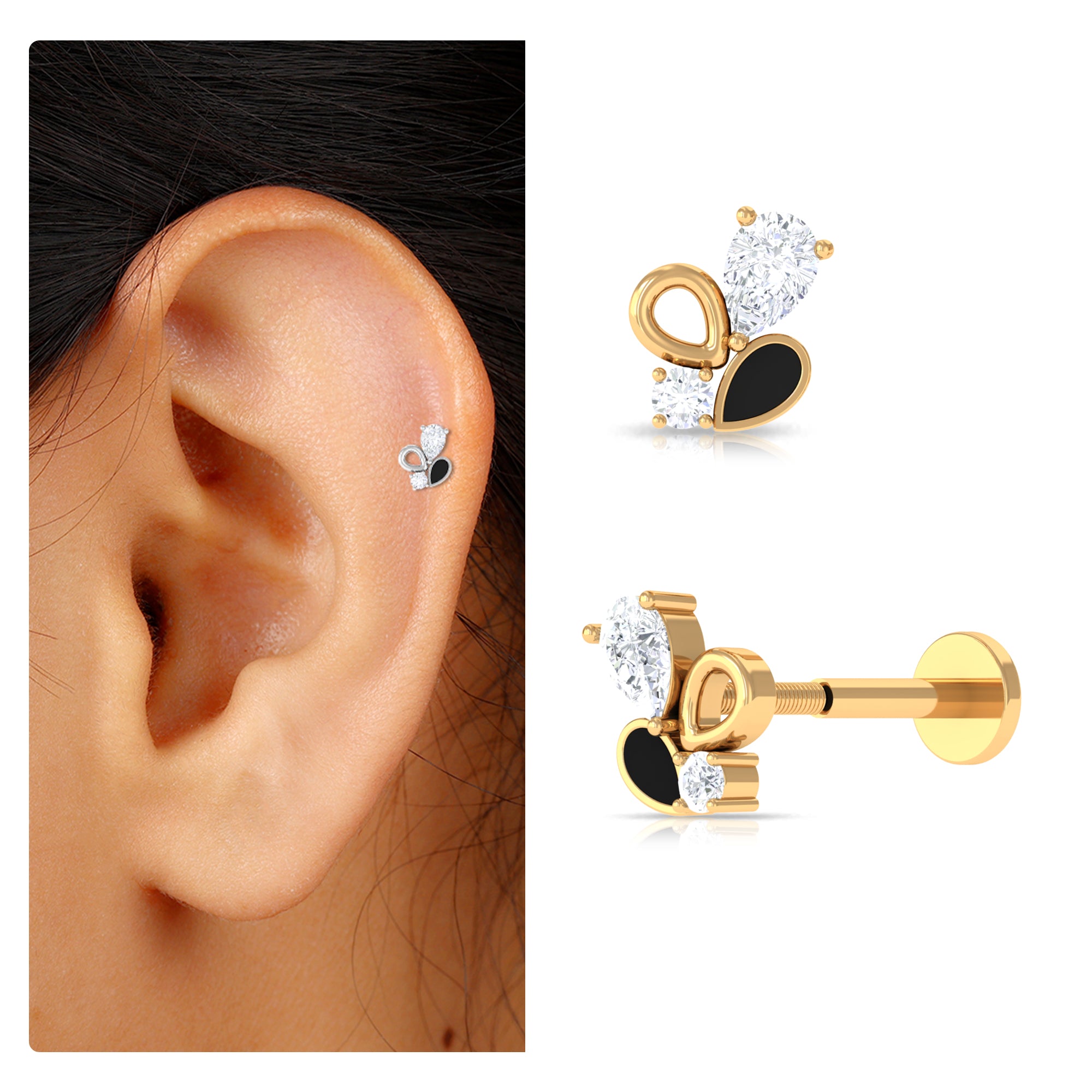 Pear Moissanite Cluster Conch Earring with Black Enamel Moissanite - ( D-VS1 ) - Color and Clarity - Rosec Jewels