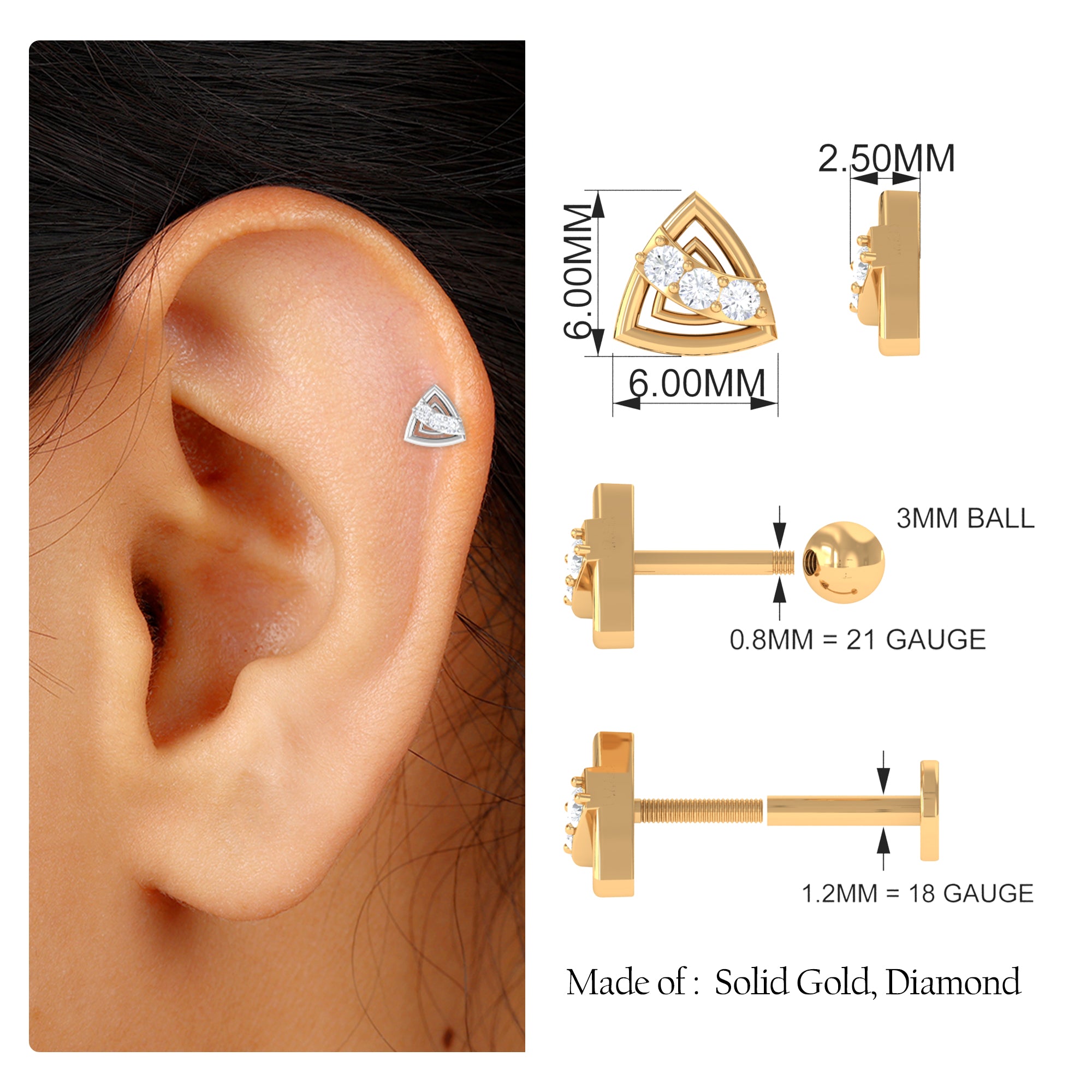 Minimal Diamond Triangle Earring for Conch Piercing Diamond - ( HI-SI ) - Color and Clarity - Rosec Jewels