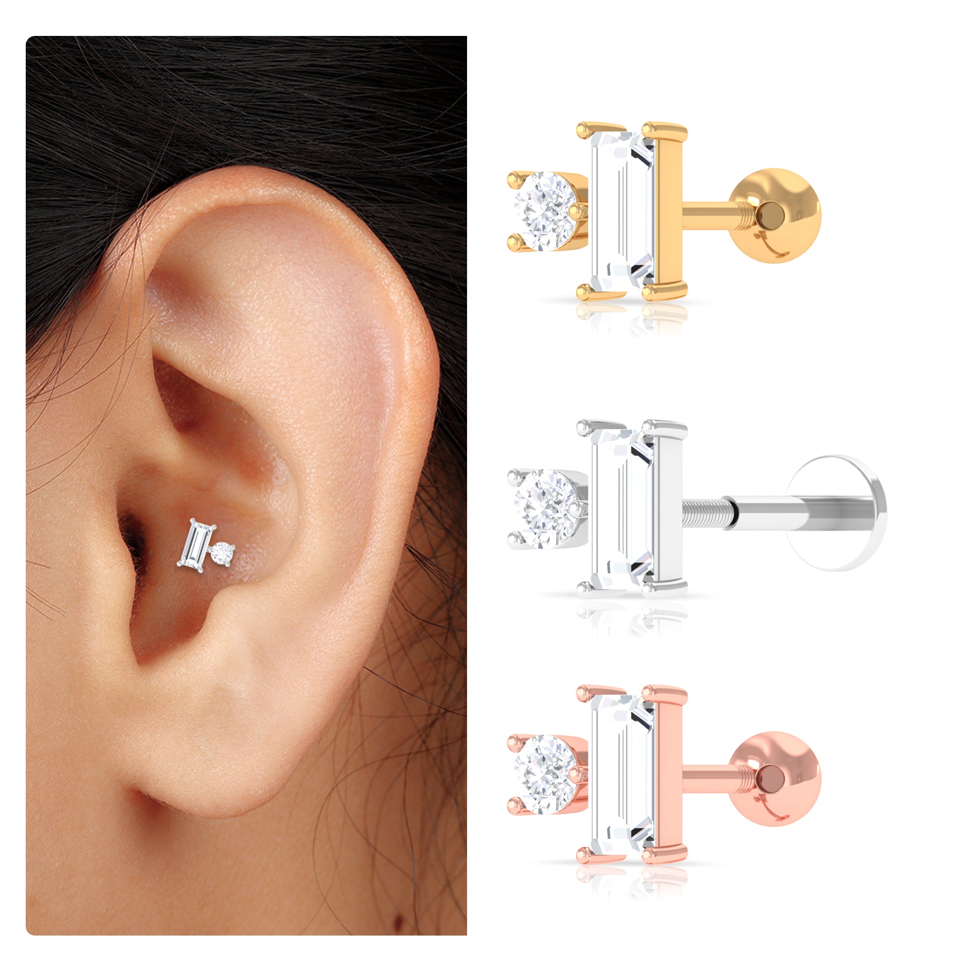 Baguette and Round Cut Moissanite Tragus Earring Moissanite - ( D-VS1 ) - Color and Clarity - Rosec Jewels