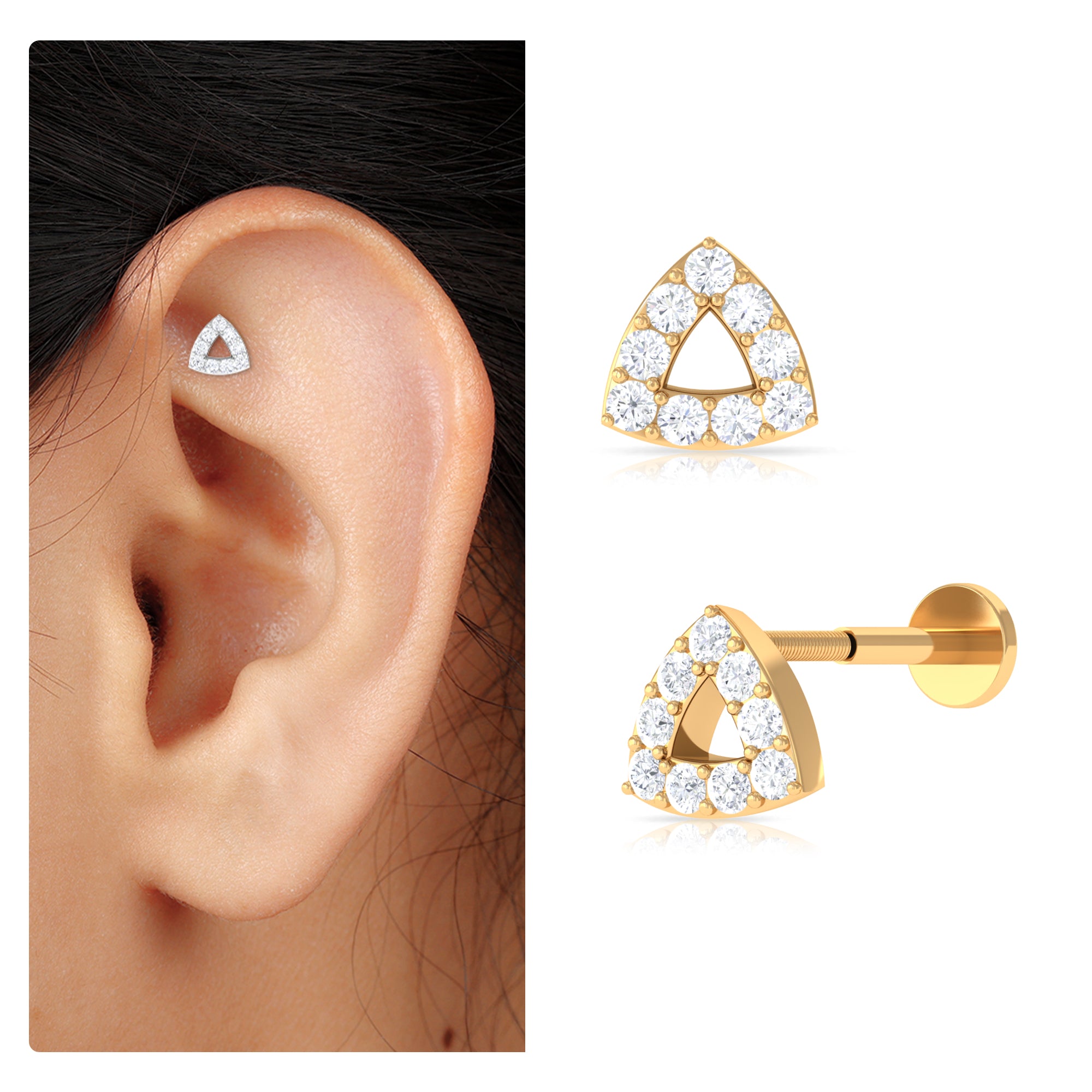 Minimalist Moissanite Gold Triangle Earring for Helix Piercing Moissanite - ( D-VS1 ) - Color and Clarity - Rosec Jewels