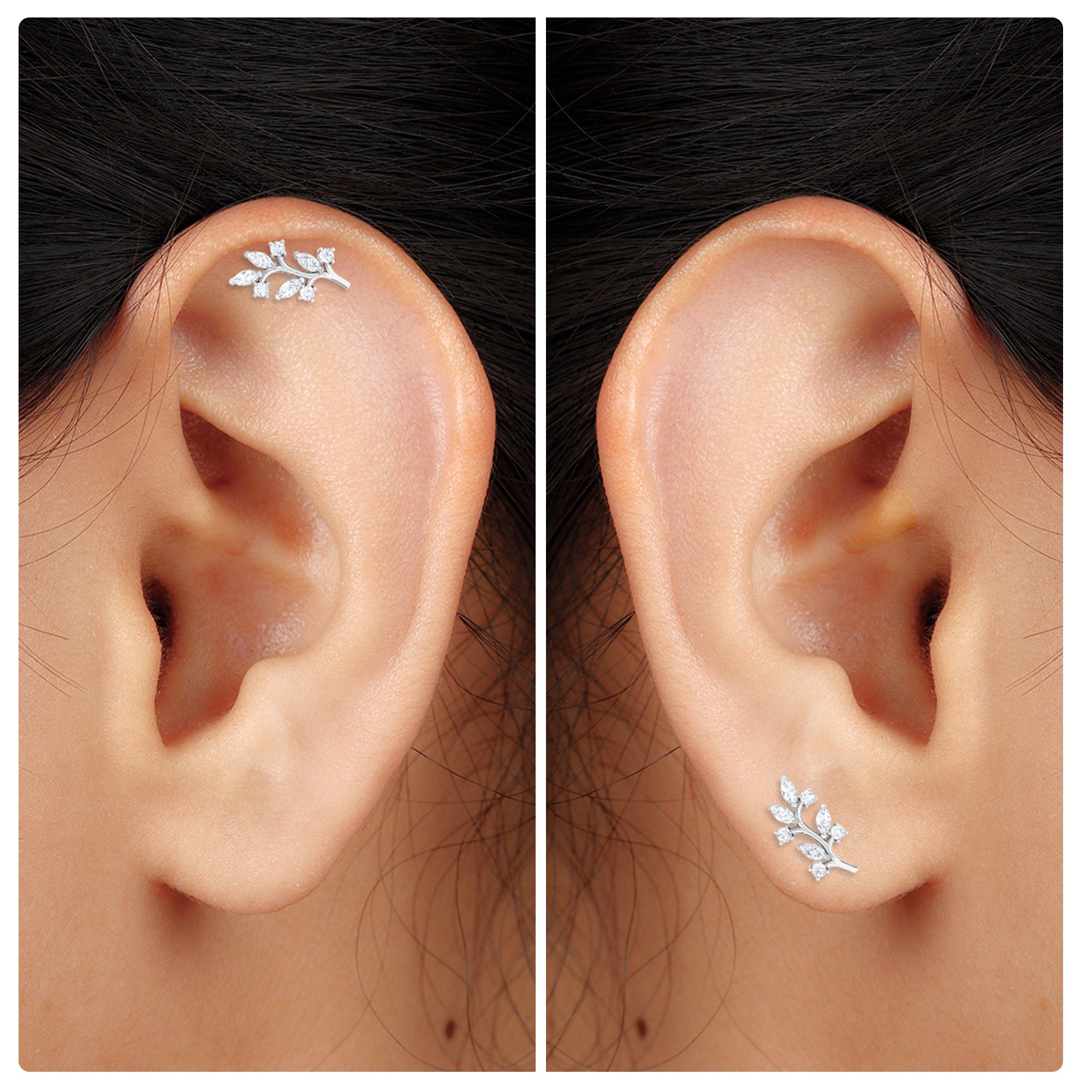 Marquise and Round Moissanite Leaf Earring for Helix Piercing Moissanite - ( D-VS1 ) - Color and Clarity - Rosec Jewels