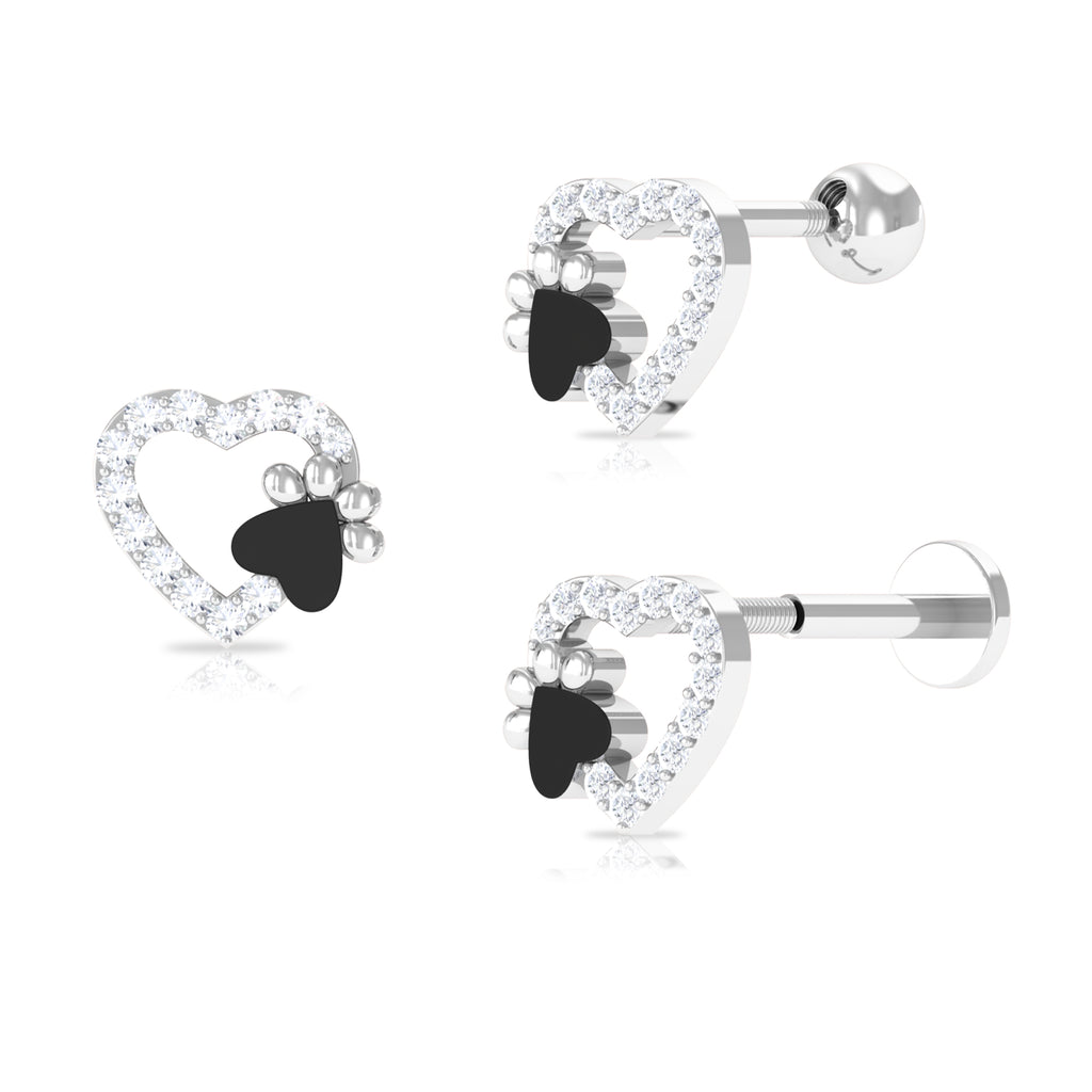 Cute Moissanite Heart and Paw Cartilage Earring with Enamel Moissanite - ( D-VS1 ) - Color and Clarity - Rosec Jewels