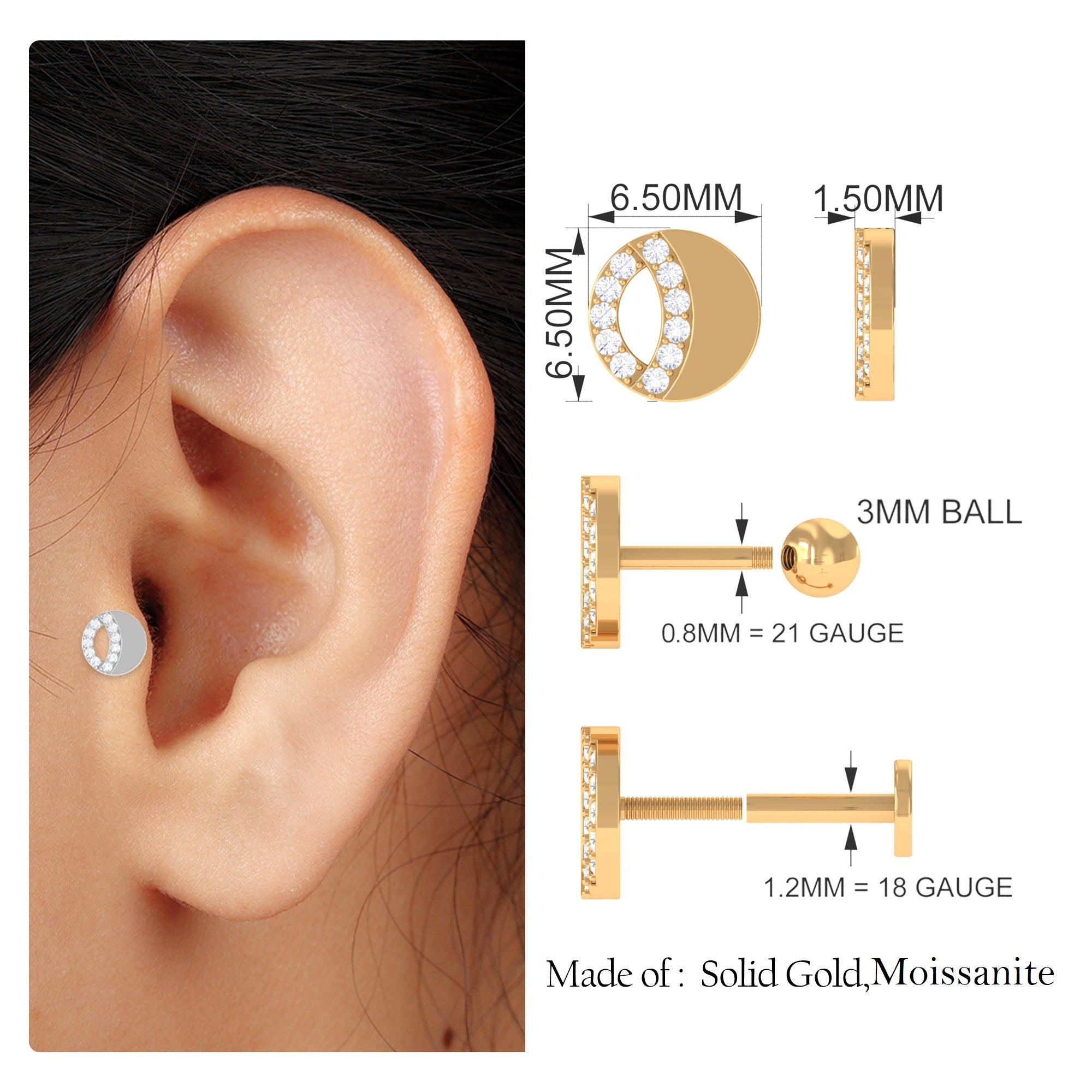 Unique Moissanite Circle Helix Earring in Gold Moissanite - ( D-VS1 ) - Color and Clarity - Rosec Jewels
