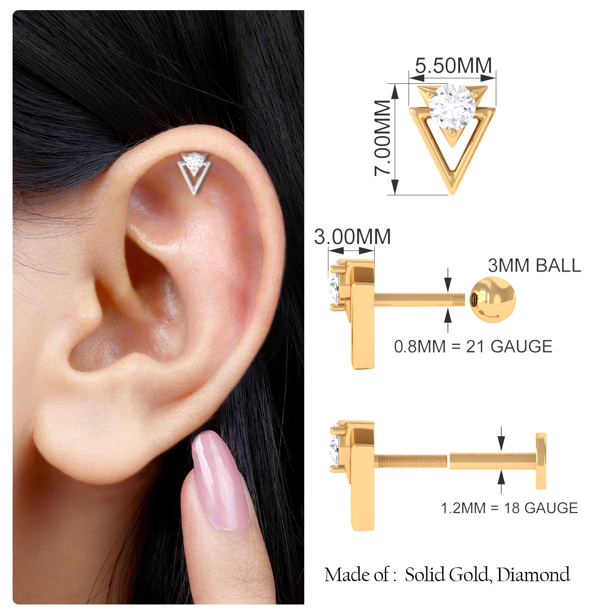 Moissanite Triangle Geometric Tragus Earring in Gold Moissanite - ( D-VS1 ) - Color and Clarity - Rosec Jewels