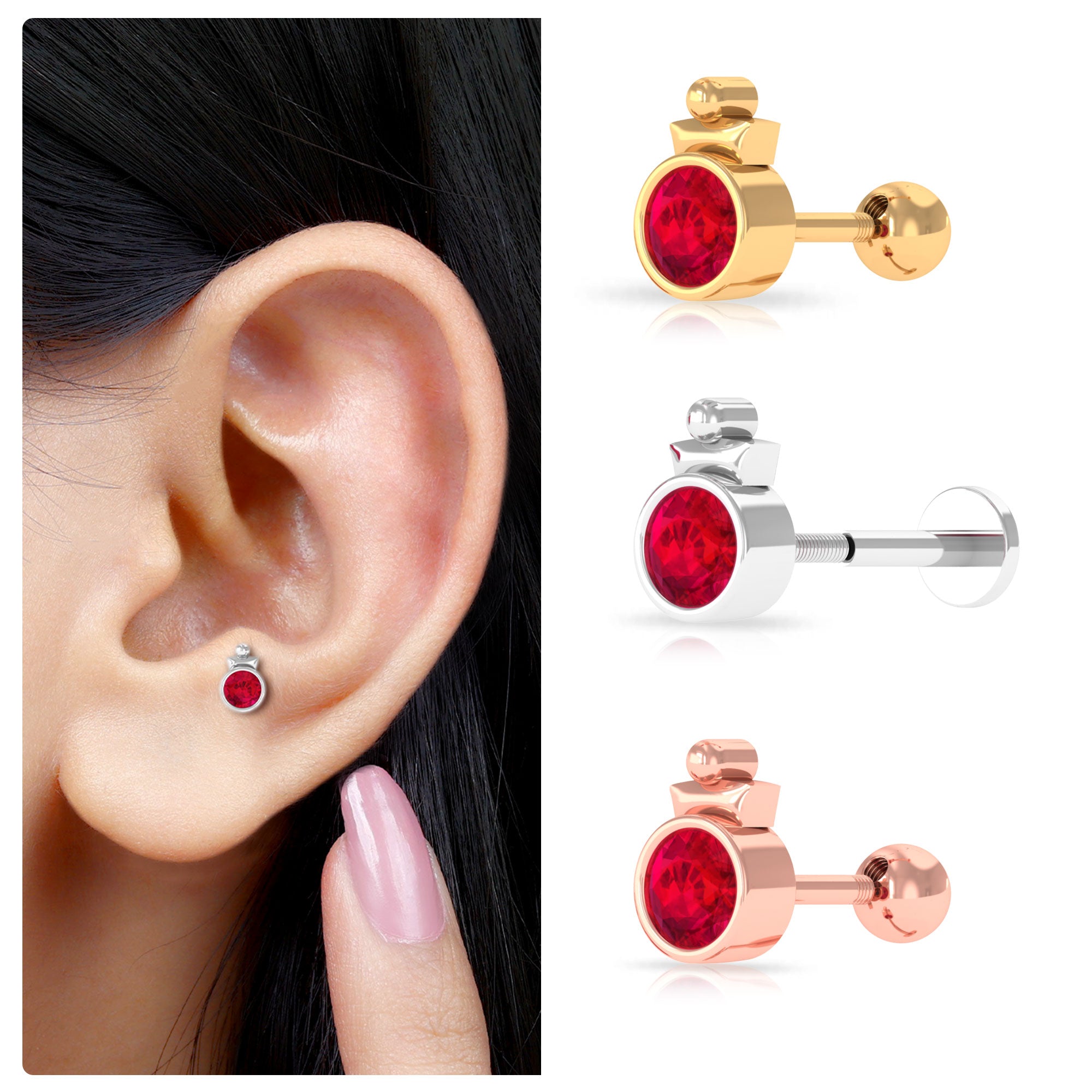 Simple Bezel Set Red Ruby Solitaire Tragus Earring Ruby - ( AAA ) - Quality - Rosec Jewels