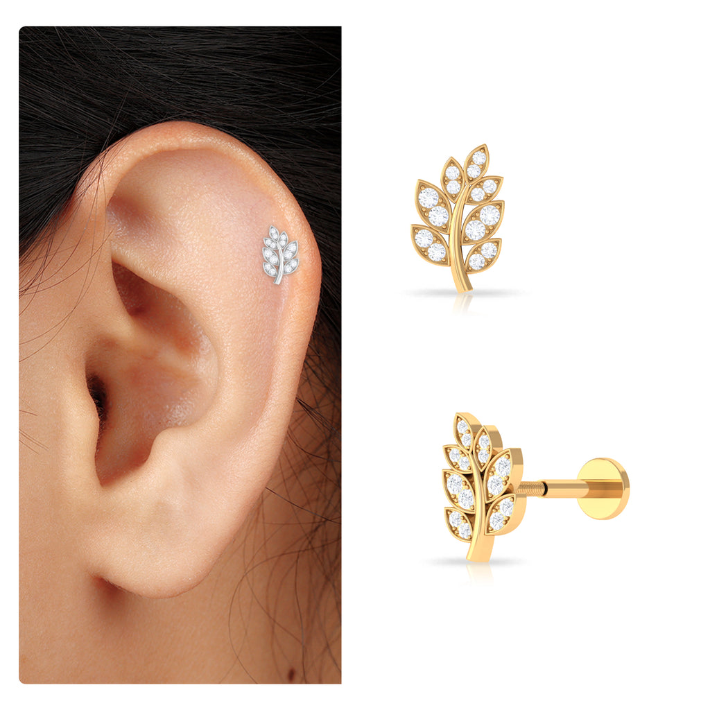 Minimal Moissanite Gold Leaf Earring for Conch Piercing Moissanite - ( D-VS1 ) - Color and Clarity - Rosec Jewels