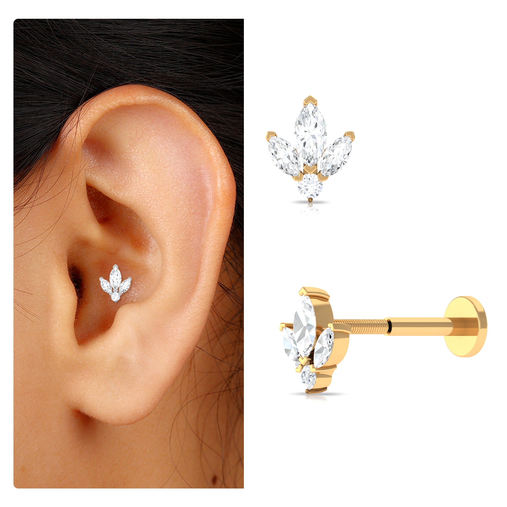 Marquise and Round Moissanite Floral Conch Earring Moissanite - ( D-VS1 ) - Color and Clarity - Rosec Jewels