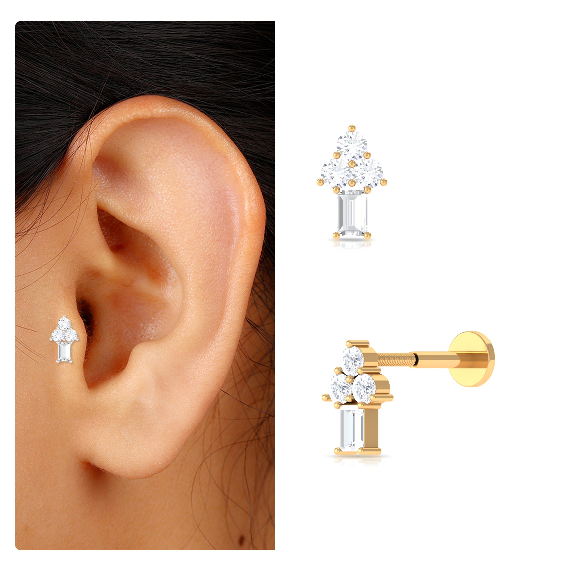 Baguette Moissanite Cluster Earring for Tragus Piercing Moissanite - ( D-VS1 ) - Color and Clarity - Rosec Jewels