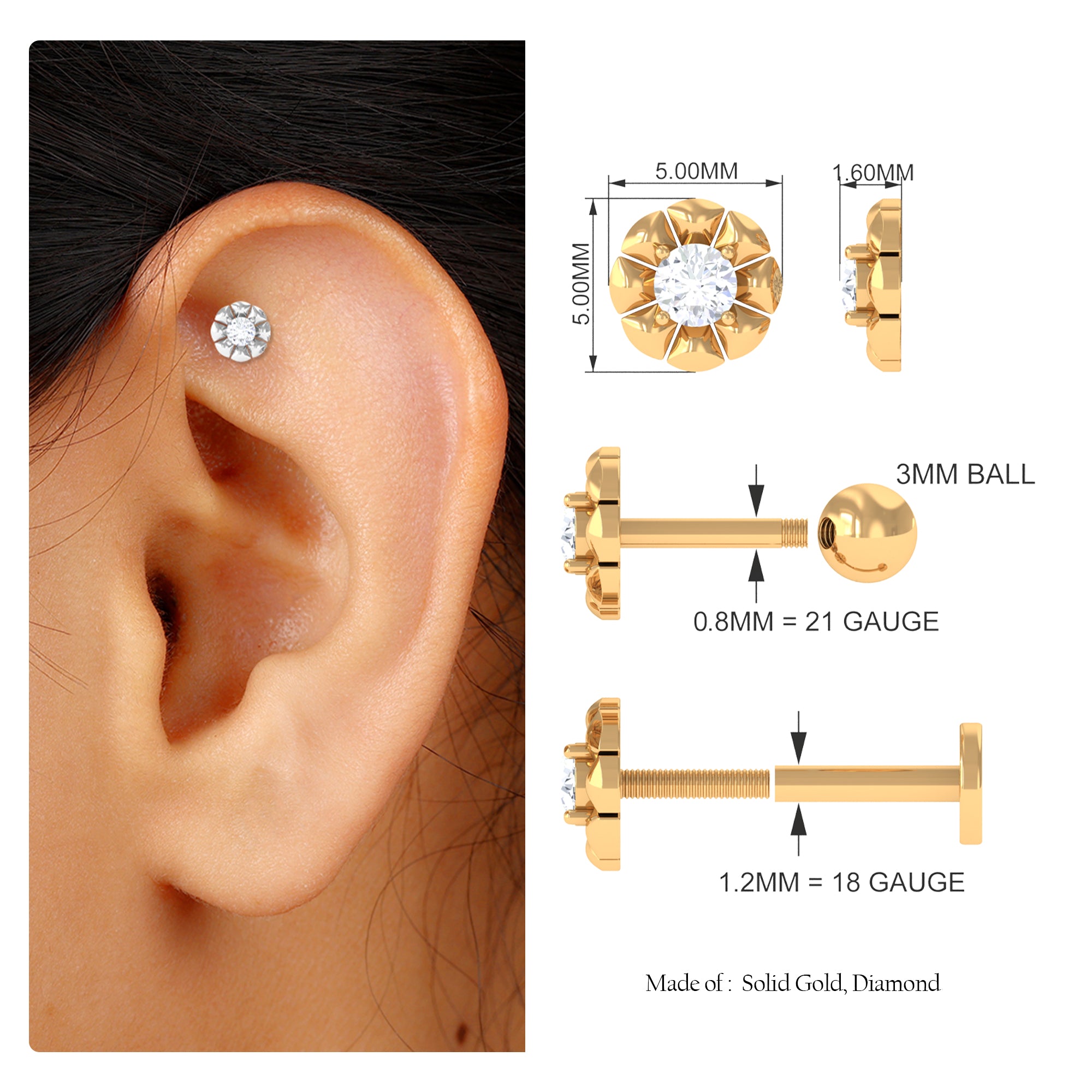 Round Diamond Flower Earring for Tragus Piercing Diamond - ( HI-SI ) - Color and Clarity - Rosec Jewels