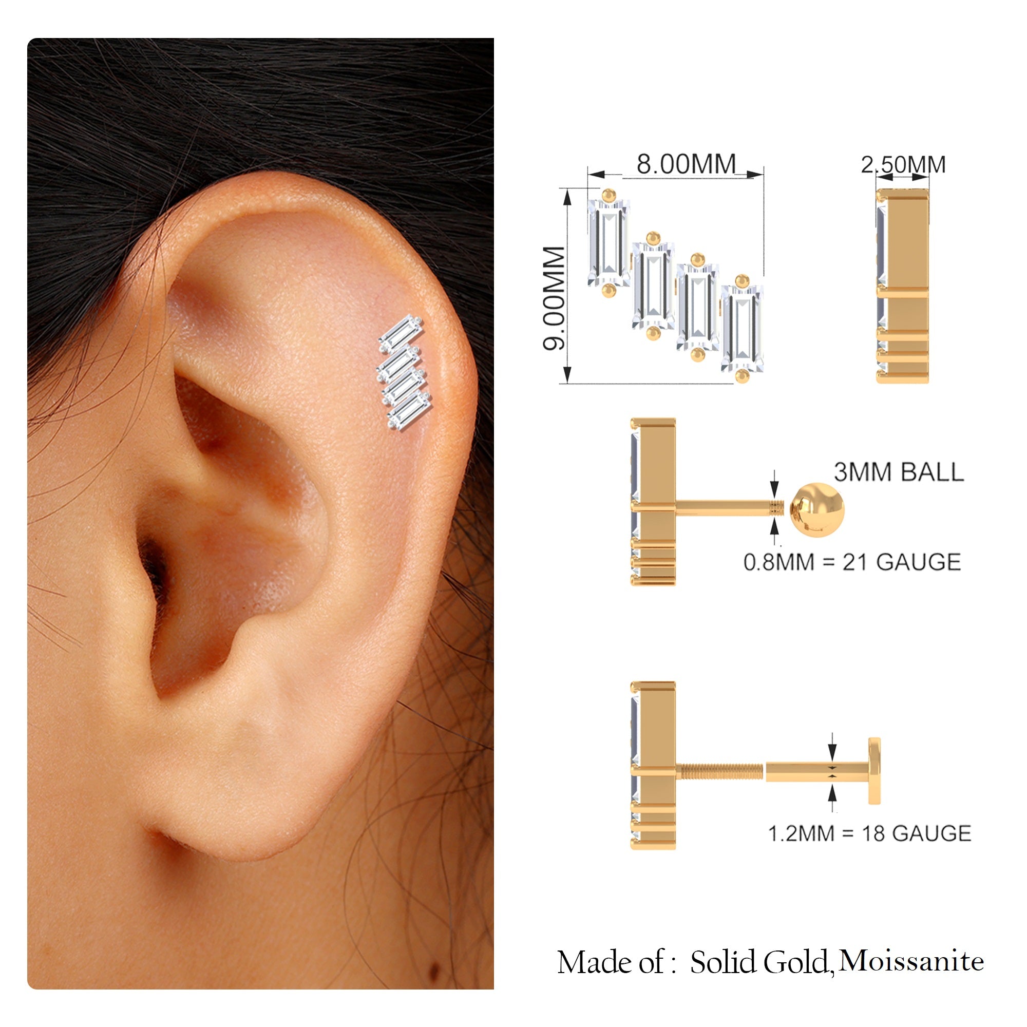 Baguette Moissanite Cartilage Crawler Earring Moissanite - ( D-VS1 ) - Color and Clarity - Rosec Jewels
