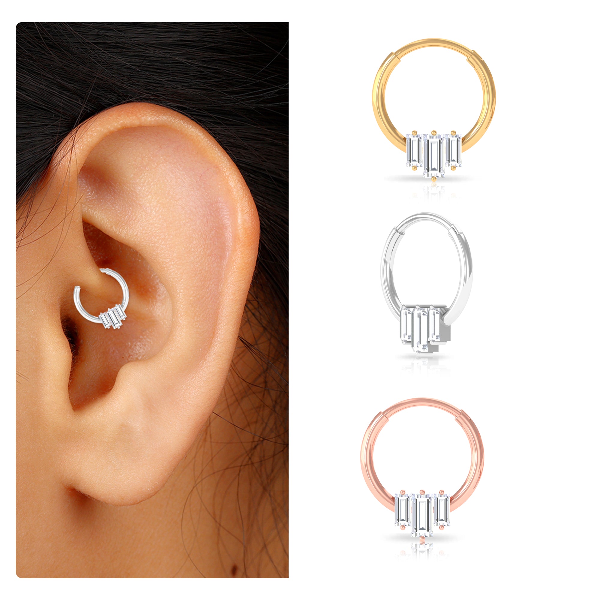Baguette Moissanite Hoop Earring for Daith Piercing Moissanite - ( D-VS1 ) - Color and Clarity - Rosec Jewels
