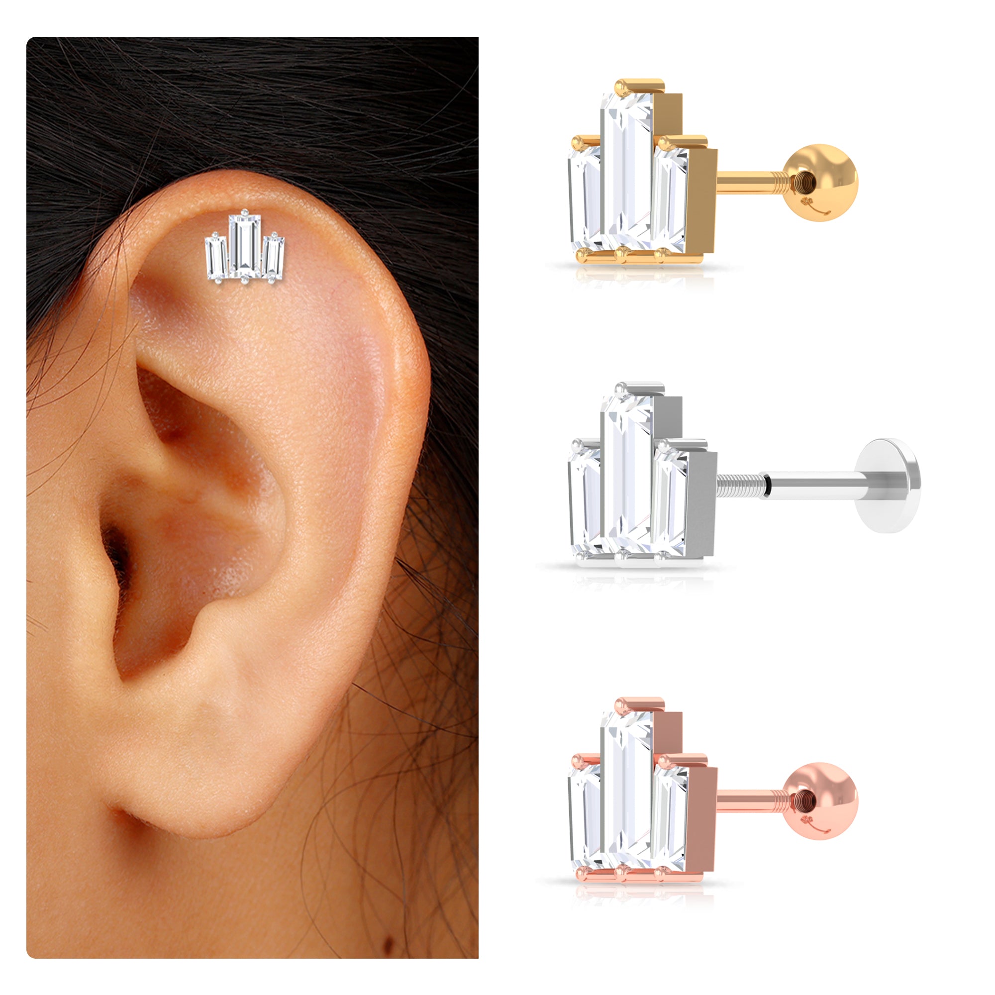 Triple Baguette Moissanite Earring for Cartilage Piercing Moissanite - ( D-VS1 ) - Color and Clarity - Rosec Jewels