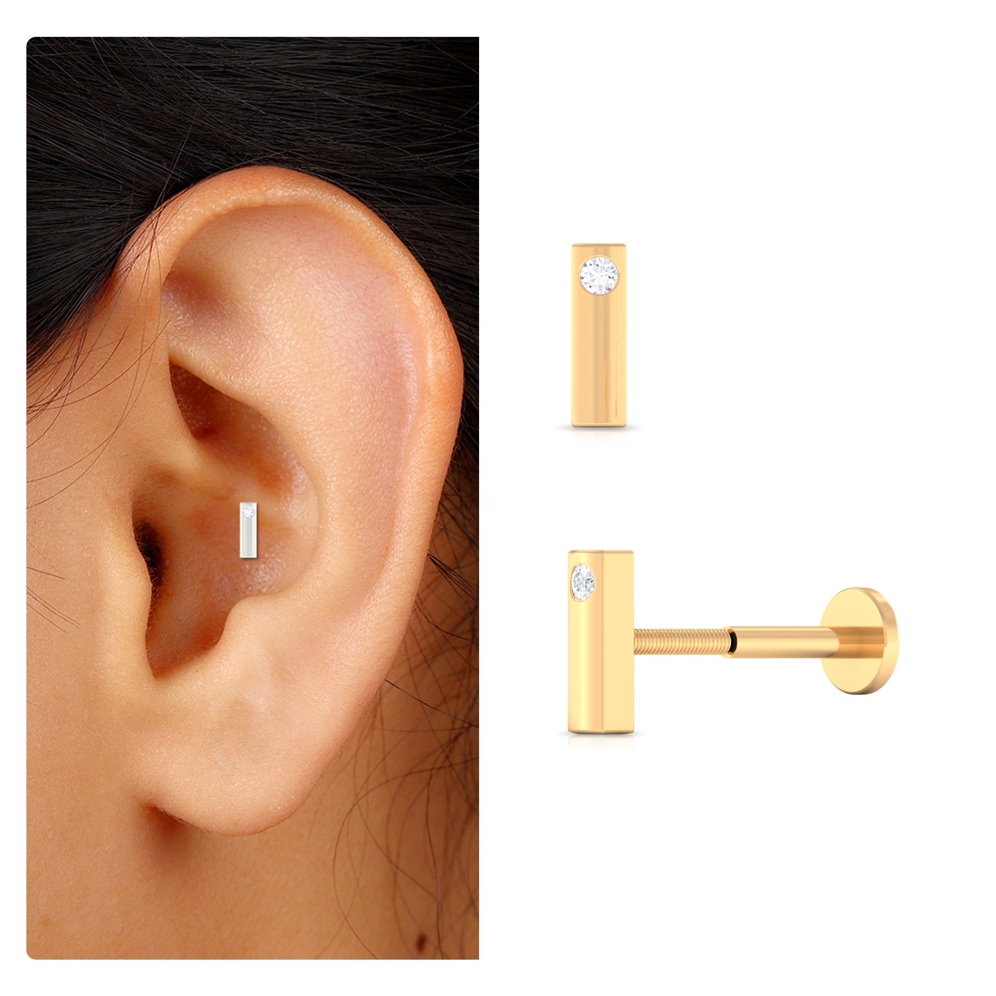Natural Diamond Gold Bar Earring for Conch Piercing Diamond - ( HI-SI ) - Color and Clarity - Rosec Jewels