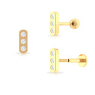 Real Diamond Three Stone Tragus Earring with Gold Bar Diamond - ( HI-SI ) - Color and Clarity - Rosec Jewels