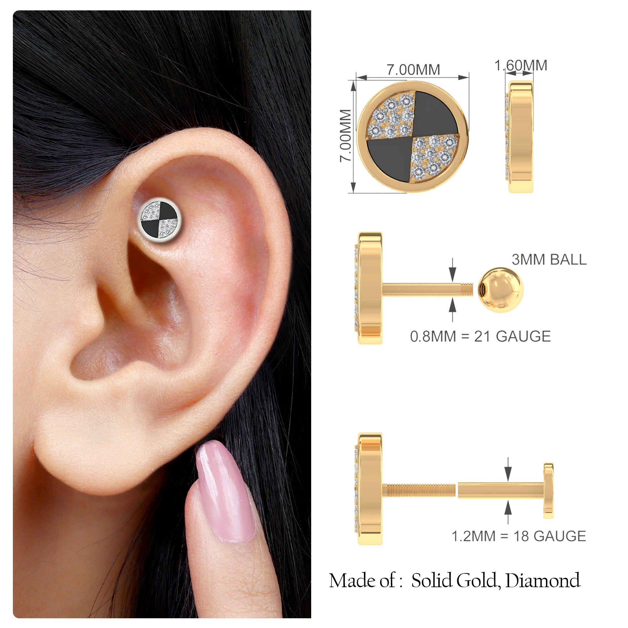 Moissanite Gold Round Conch Earring with Black Enamel Moissanite - ( D-VS1 ) - Color and Clarity - Rosec Jewels