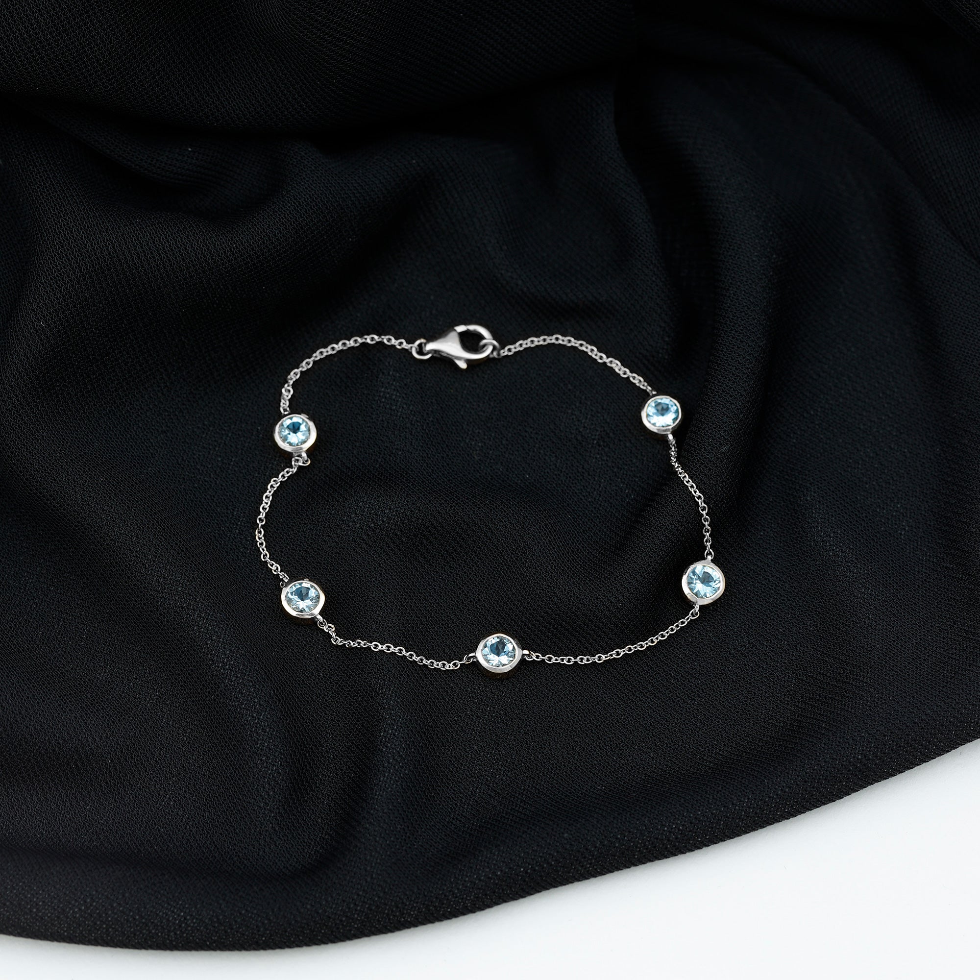 1.25 CT Real Aquamarine Five Stone Station Chain Bracelet in Bezel Setting Aquamarine - ( AAA ) - Quality - Rosec Jewels
