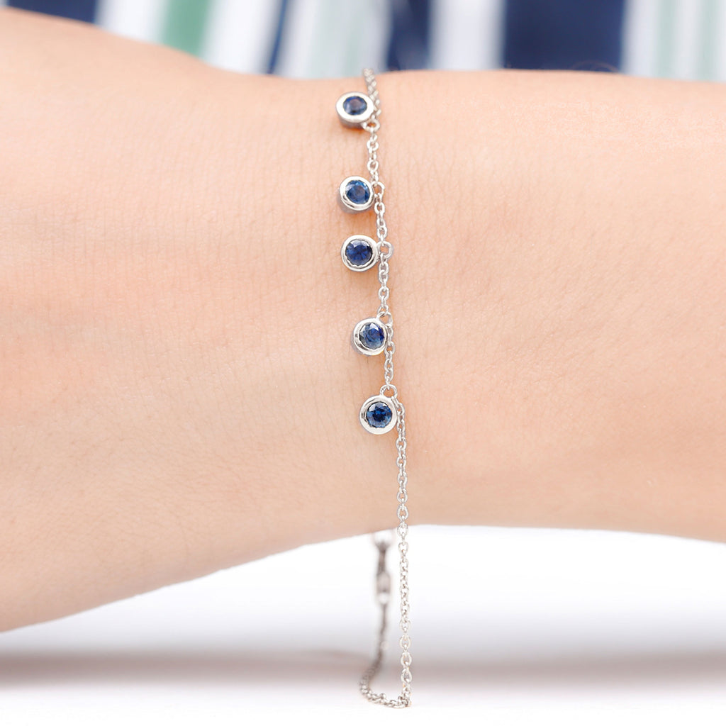 1 CT Bezel Set Blue Sapphire and Gold Station Chain Bracelet Blue Sapphire - ( AAA ) - Quality - Rosec Jewels