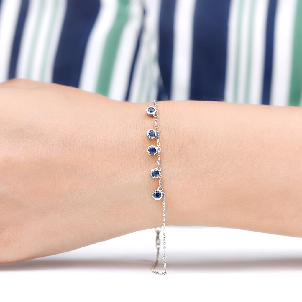 1 CT Bezel Set Blue Sapphire and Gold Station Chain Bracelet Blue Sapphire - ( AAA ) - Quality - Rosec Jewels