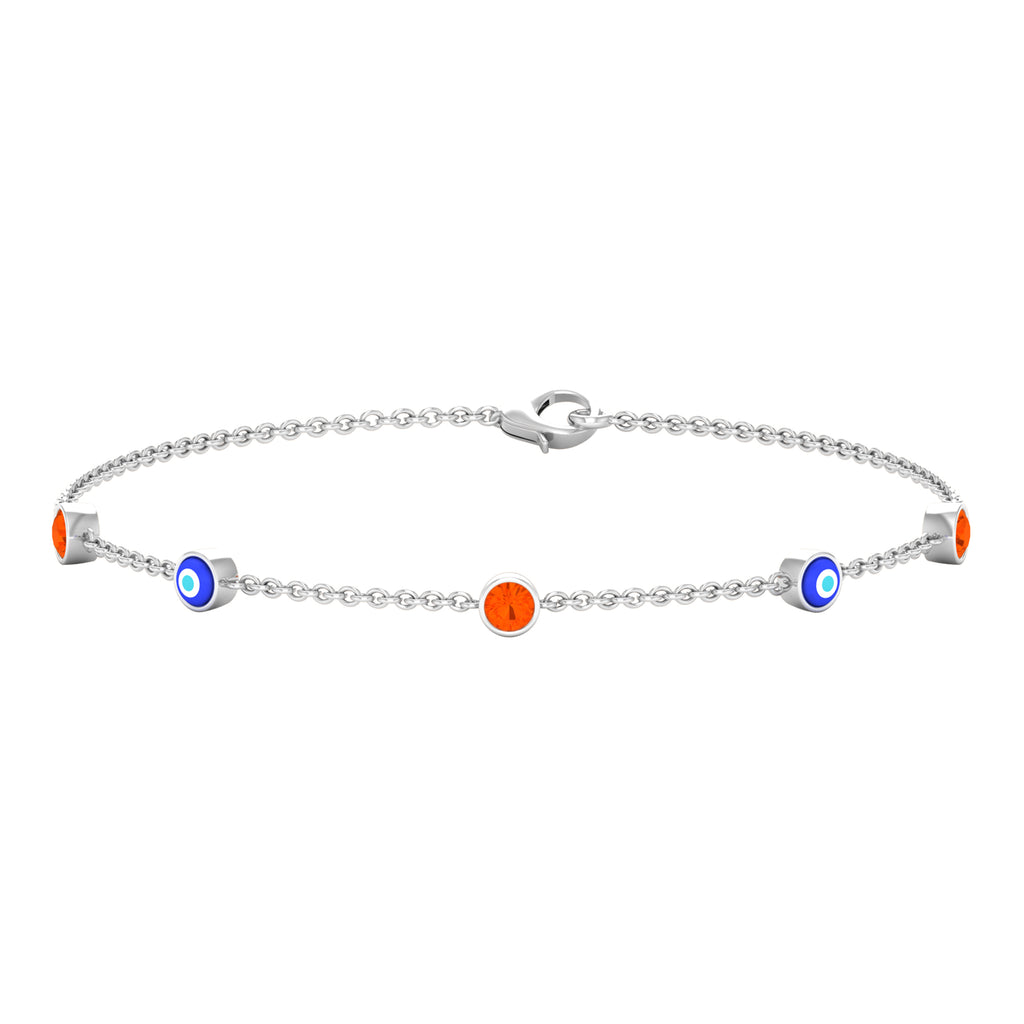 1/4 CT Bezel Set Fire Opal and Evil Eye Station Chain Bracelet with Lobster Clasp Fire Opal - ( AAA ) - Quality - Rosec Jewels