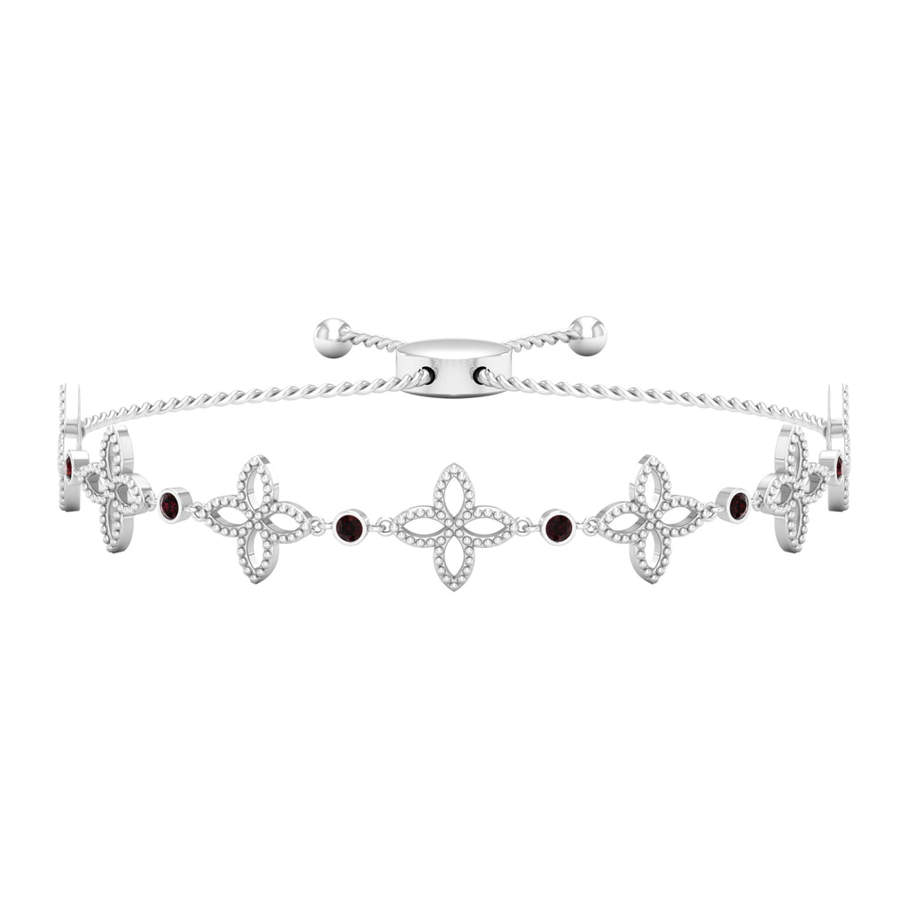 0.25 CT Bezel Set Garnet and Gold Floral Bolo Chain Bracelet with Beaded Details Garnet - ( AAA ) - Quality - Rosec Jewels