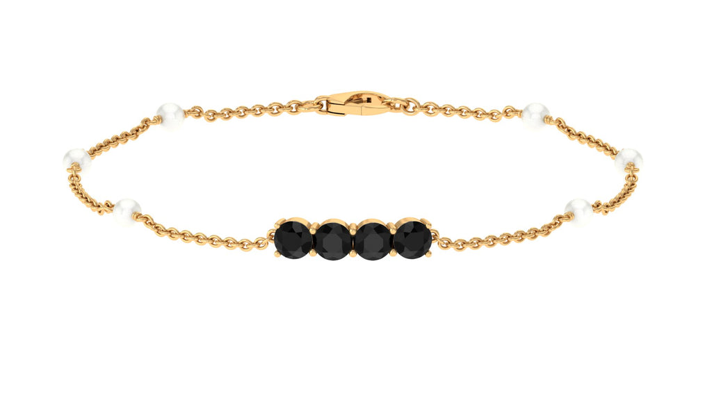 1.75 CT Black Onyx Minimal Station Chain Bracelet with Freshwater Pearl Black Onyx - ( AAA ) - Quality - Rosec Jewels