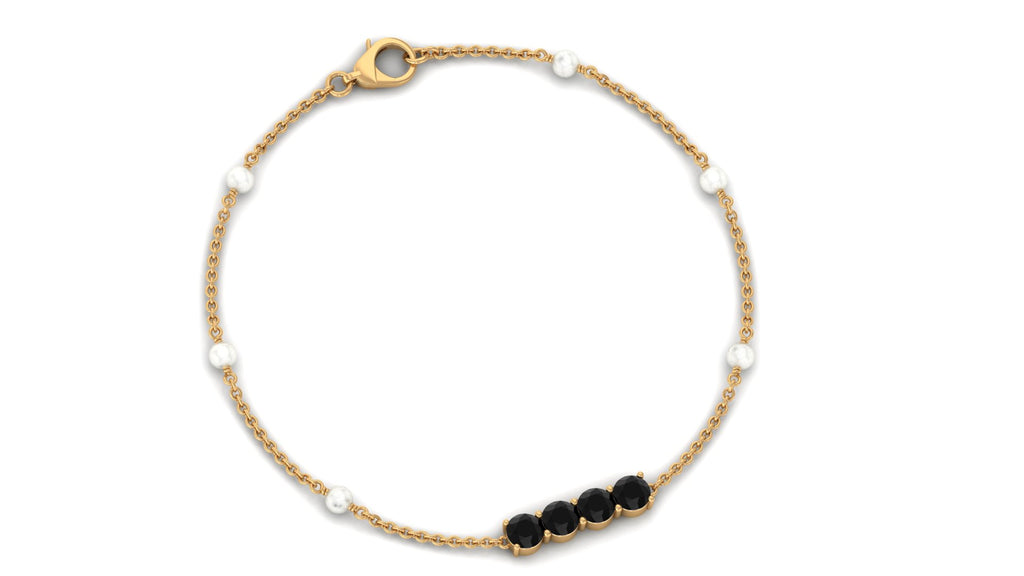 1.75 CT Black Onyx Minimal Station Chain Bracelet with Freshwater Pearl Black Onyx - ( AAA ) - Quality - Rosec Jewels