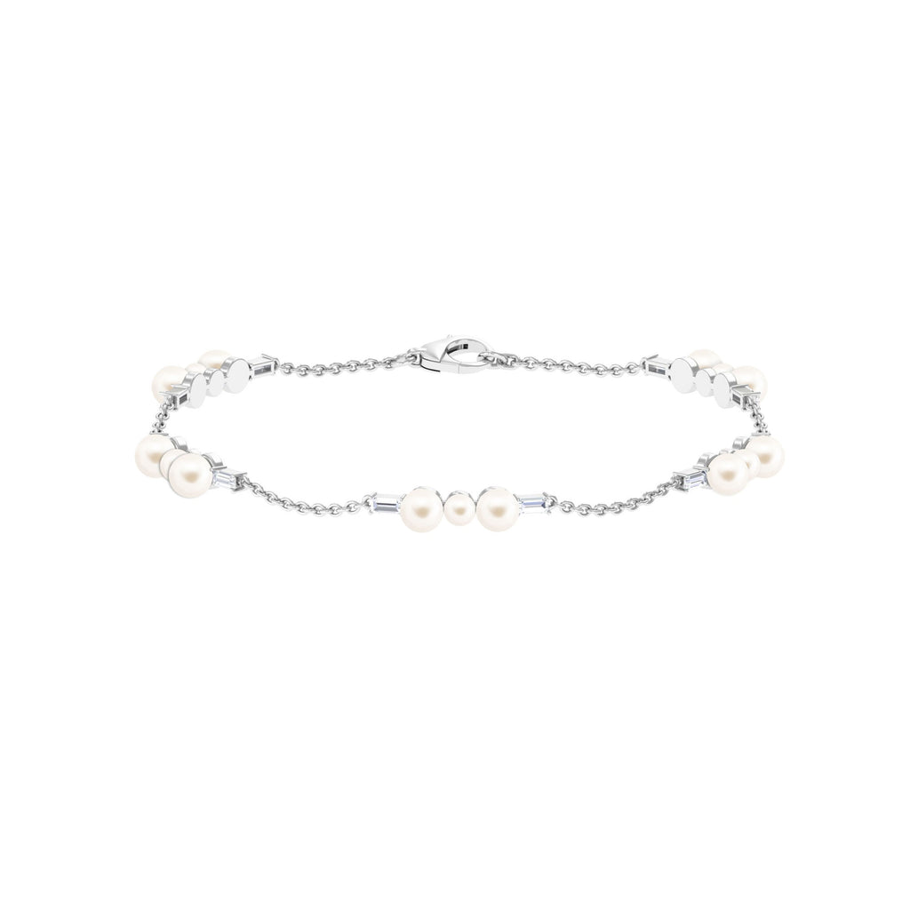 Freshwater Pearl and Moissanite Station Chain Bracelet Freshwater Pearl - ( AAA ) - Quality - Rosec Jewels