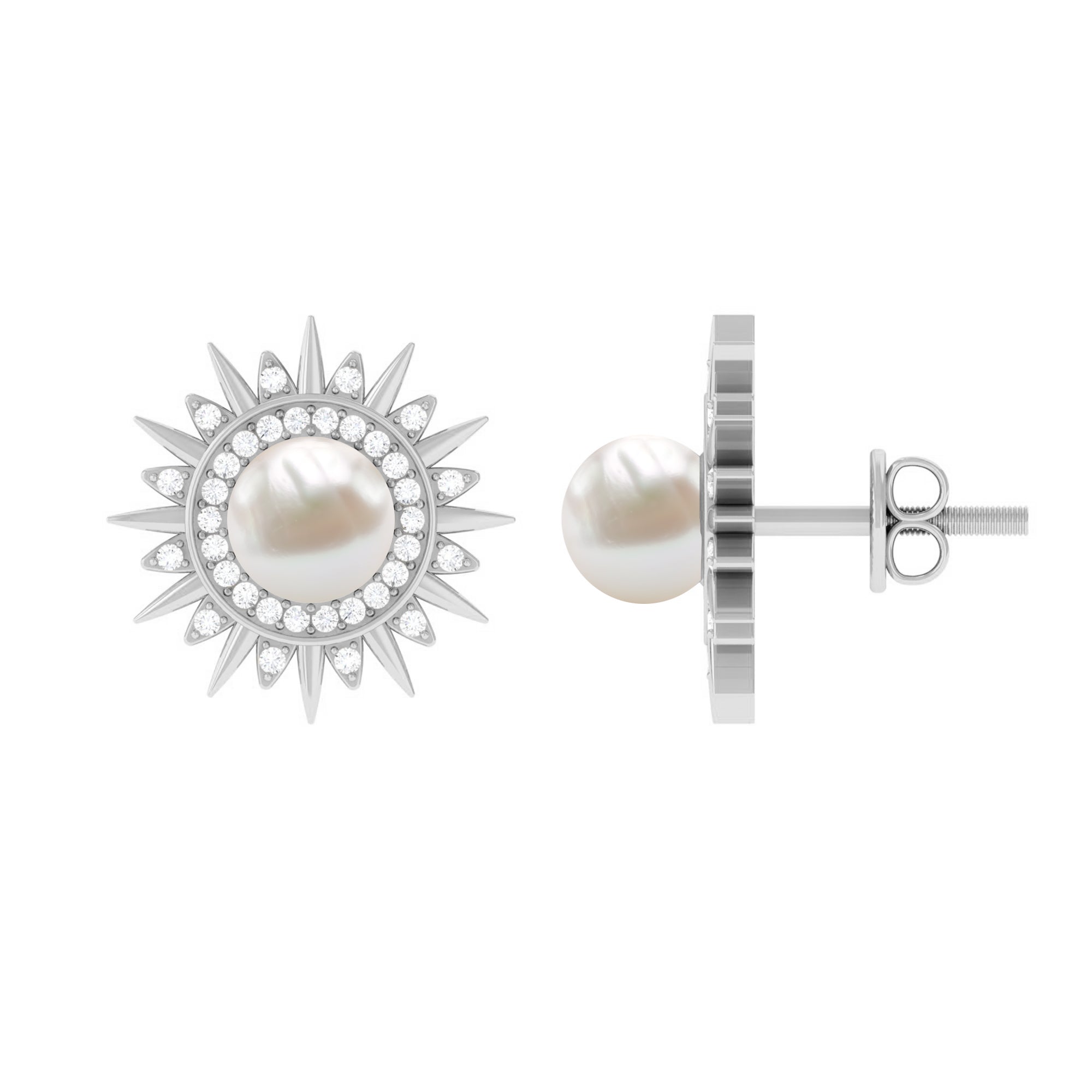 Freshwater Pearl Sunburst Stud Earrings with Diamond Halo Freshwater Pearl - ( AAA ) - Quality - Rosec Jewels