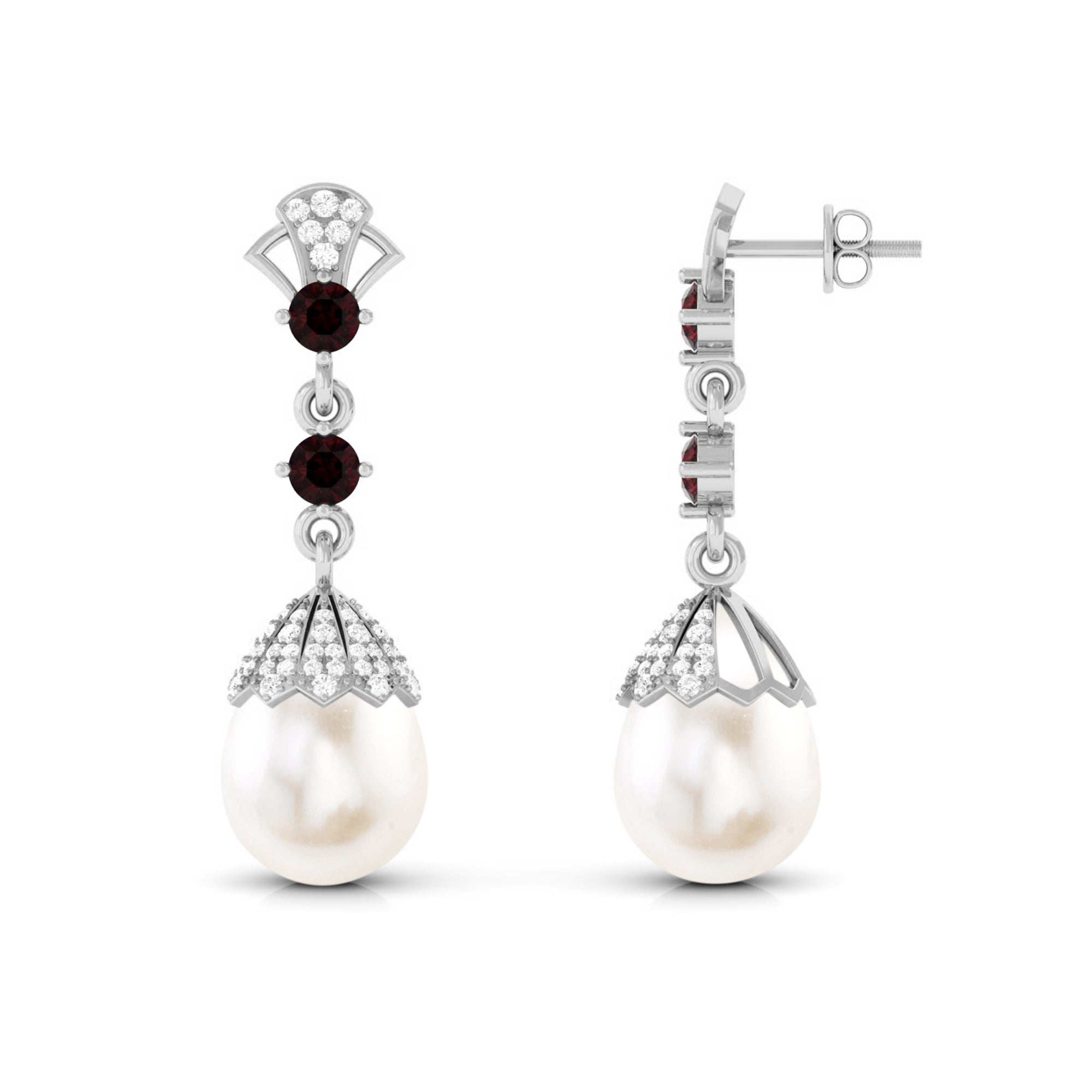 Real Freshwater Pearl and Garnet Dangle Earrings with Moissanite Freshwater Pearl - ( AAA ) - Quality - Rosec Jewels