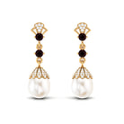 Real Freshwater Pearl and Garnet Dangle Earrings with Moissanite Freshwater Pearl - ( AAA ) - Quality - Rosec Jewels