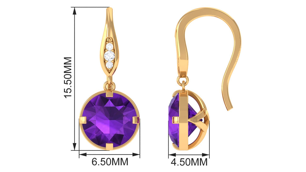 Natural Amethyst Solitaire Drop Earrings with Diamond Amethyst - ( AAA ) - Quality - Rosec Jewels