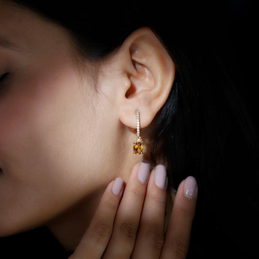 Oval Shape Citrine Drop Earrings with Diamond Citrine - ( AAA ) - Quality - Rosec Jewels