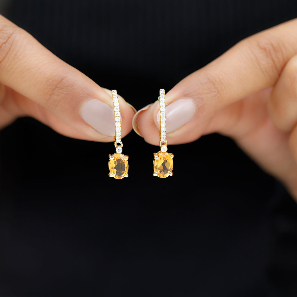 Oval Shape Citrine Drop Earrings with Diamond Citrine - ( AAA ) - Quality - Rosec Jewels