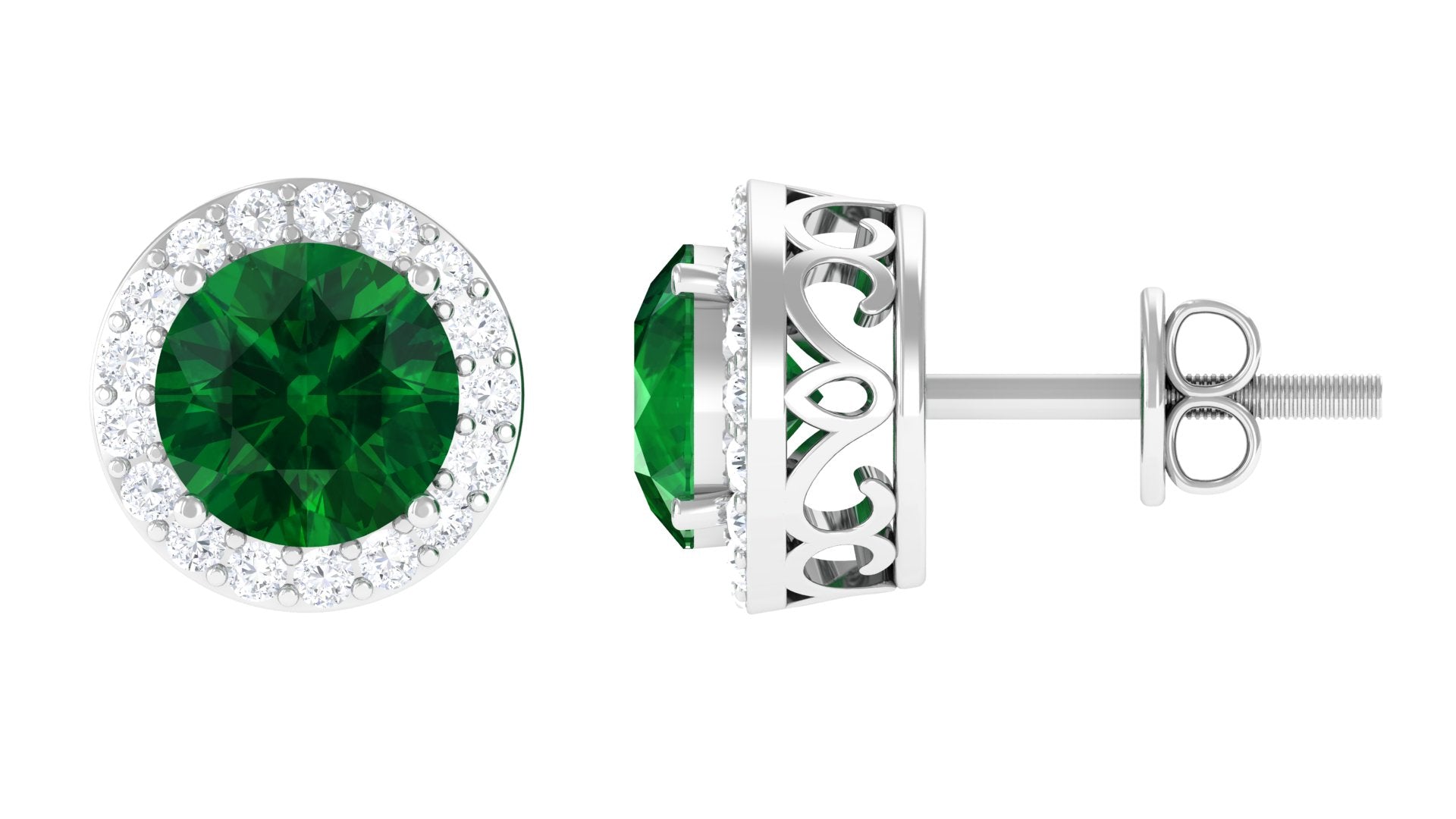 2-Carat Round Lab Created Emerald Stud Earrings With Diamond Halo Lab Created Emerald - ( AAAA ) - Quality - Rosec Jewels