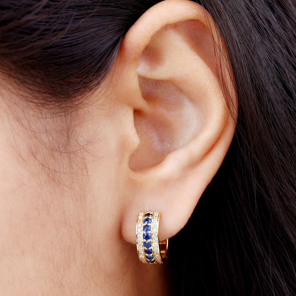 1.50 CT Blue Sapphire and Diamond Statement Hoop Earrings Blue Sapphire - ( AAA ) - Quality - Rosec Jewels