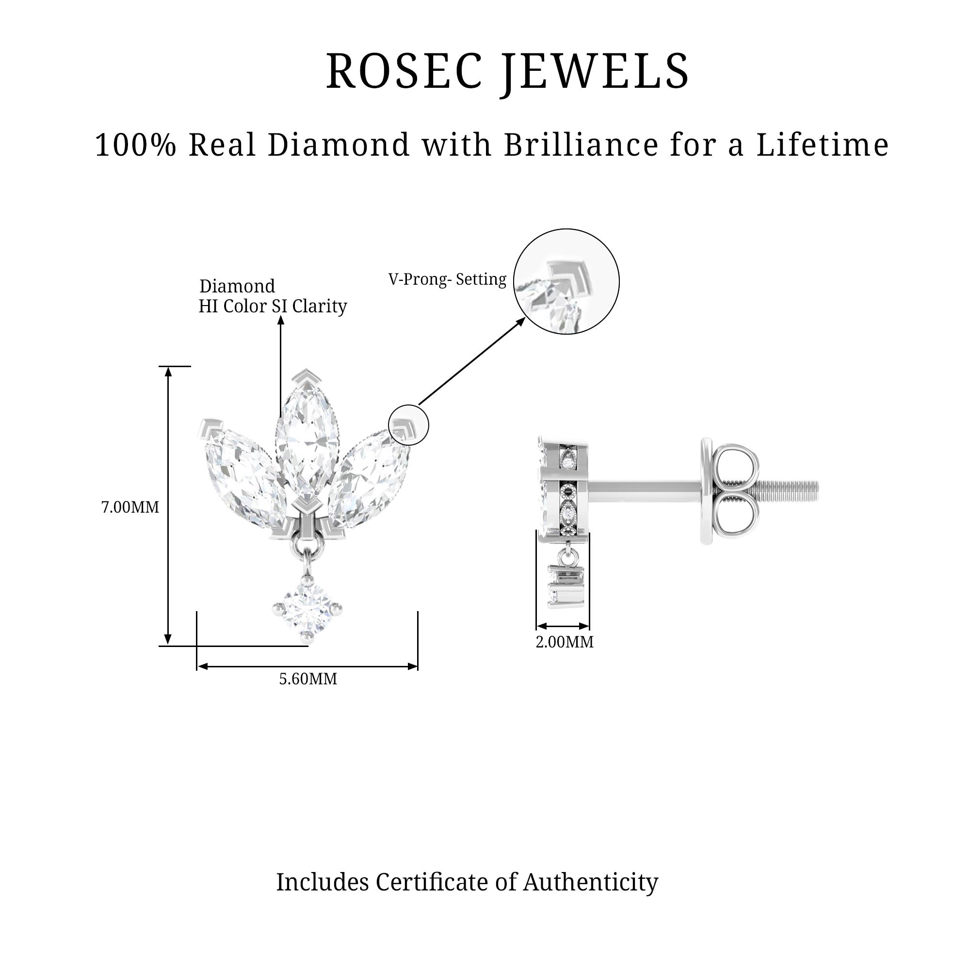 Diamond Petal Floral Stud Earrings Diamond - ( HI-SI ) - Color and Clarity - Rosec Jewels