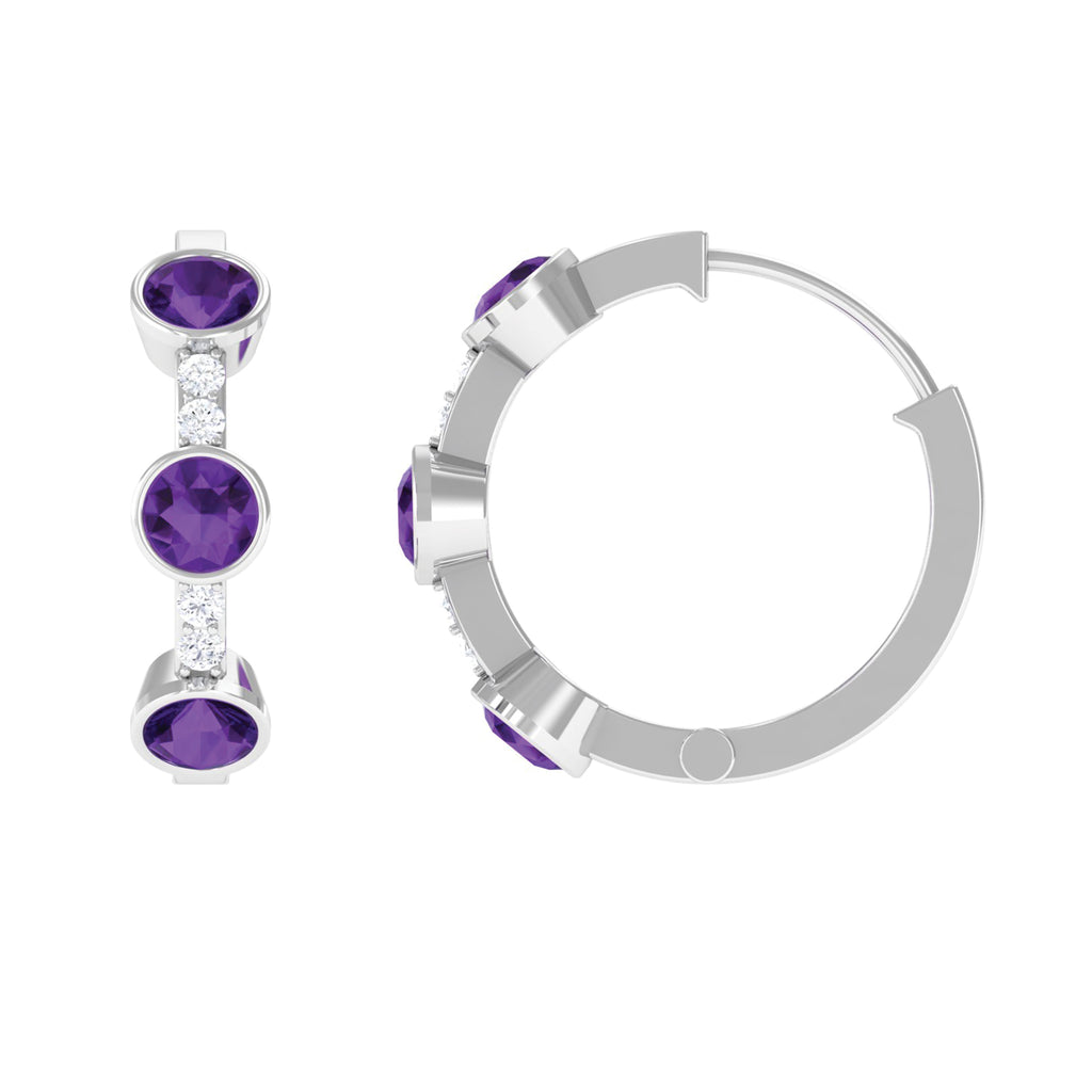 Round Amethyst and Diamond Hinged Hoop Earrings Amethyst - ( AAA ) - Quality - Rosec Jewels