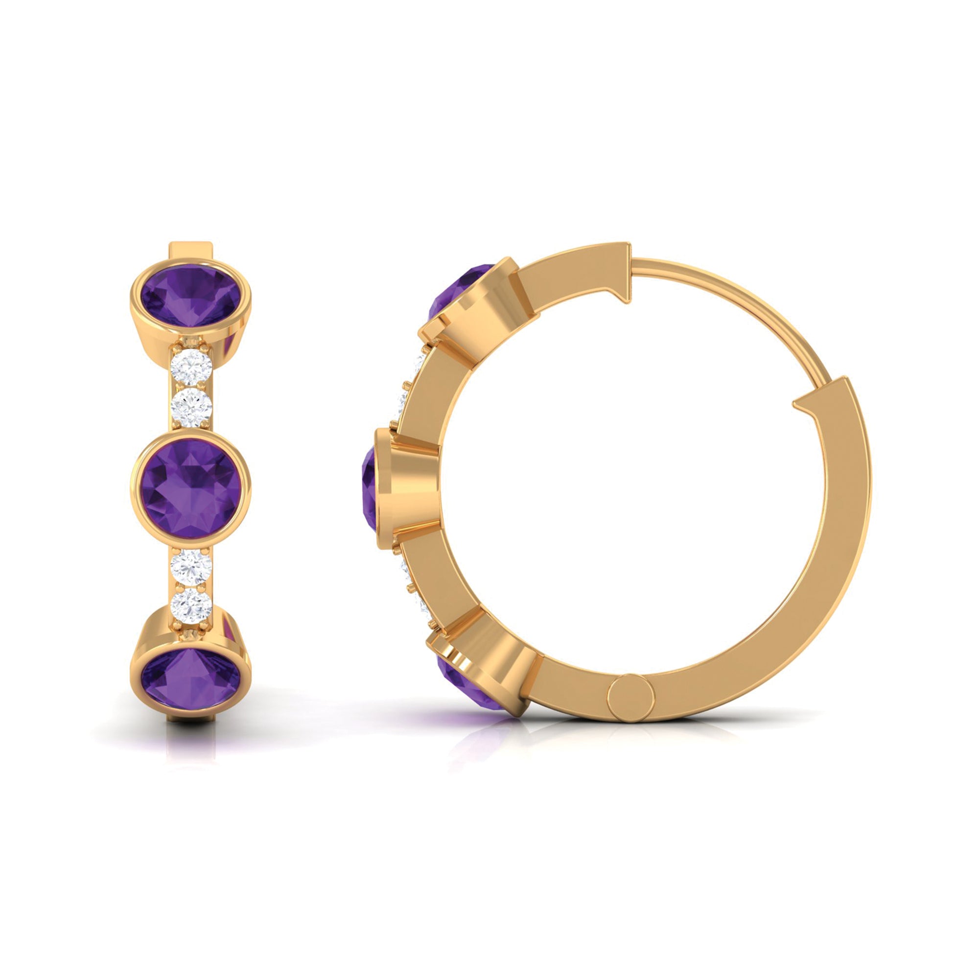 Round Amethyst and Diamond Hinged Hoop Earrings Amethyst - ( AAA ) - Quality - Rosec Jewels