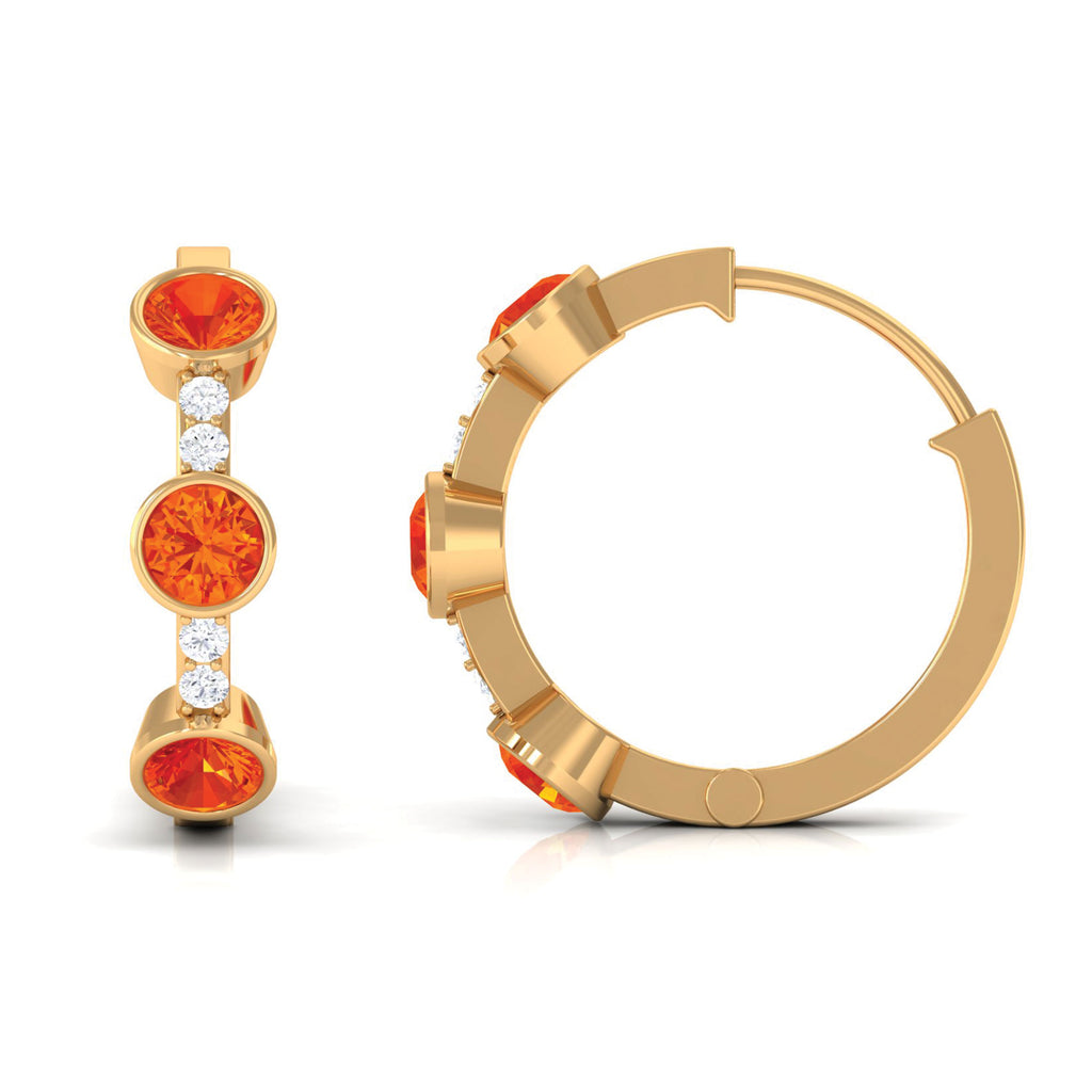 1 CT Bezel Set Orange Sapphire Three Stone Hoop Earrings with Diamond Orange Sapphire - ( AAA ) - Quality - Rosec Jewels