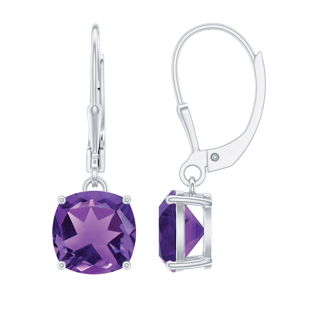 8 MM Cushion Cut Amethyst Solitaire Drop Earrings with Lever Back Amethyst - ( AAA ) - Quality - Rosec Jewels