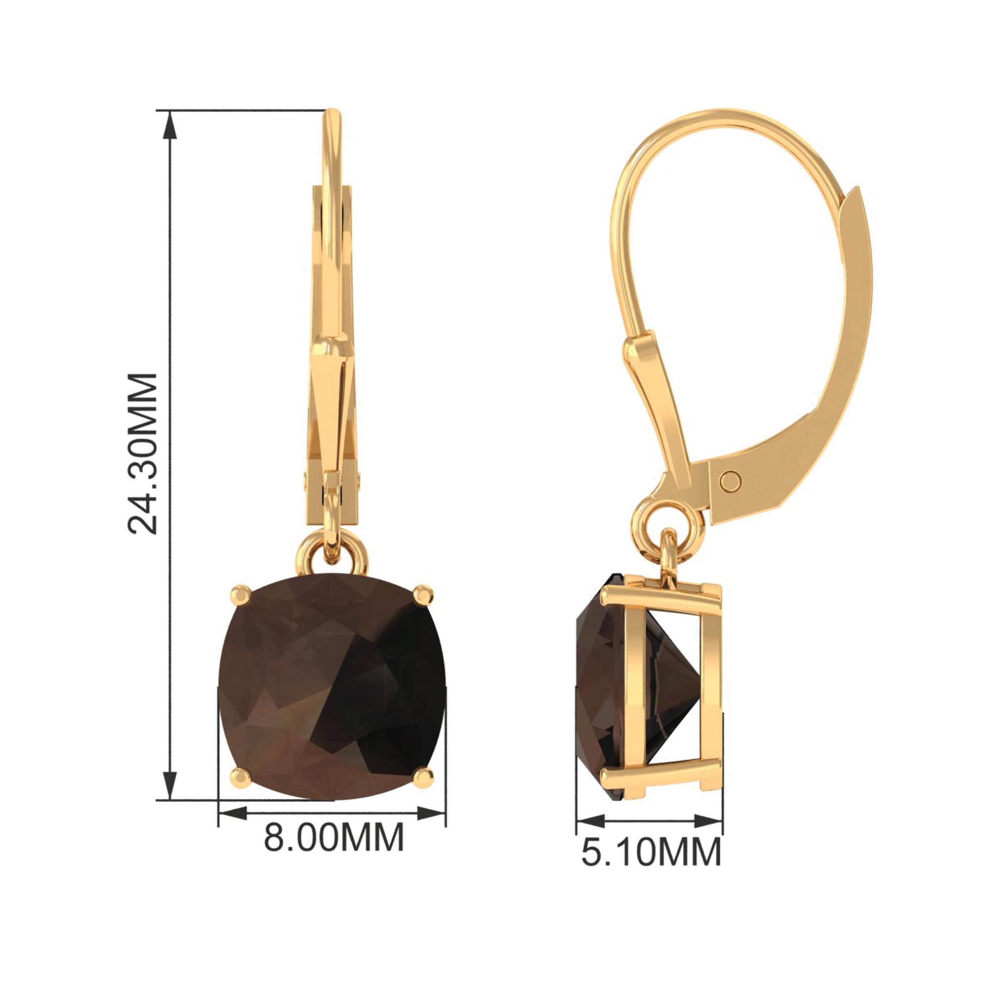 Cushion Cut Smoky Quartz Solitaire Drop Earrings with Lever Back Smoky Quartz - ( AAA ) - Quality - Rosec Jewels