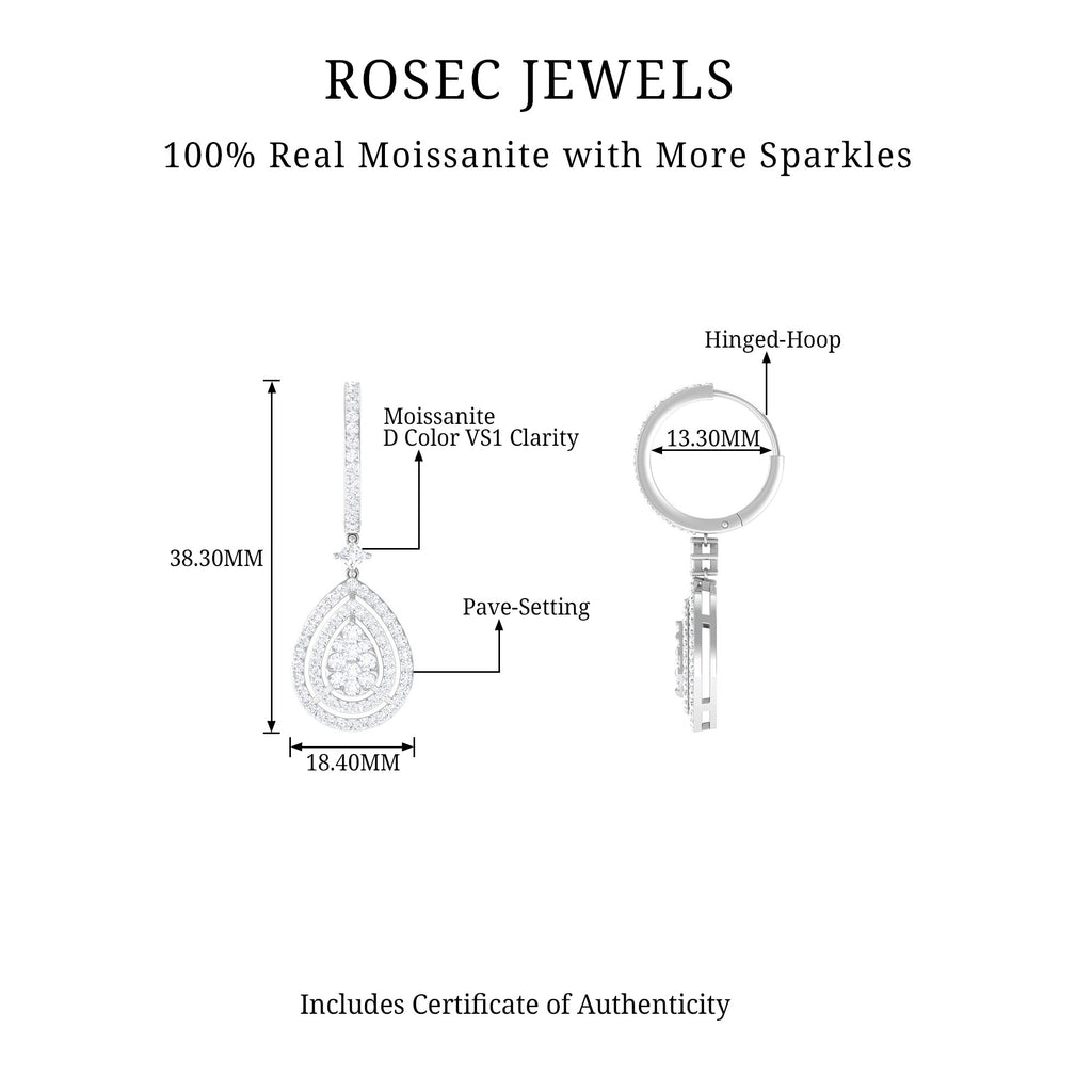 4 CT Certified Moissanite Teardrop Hinged Hoop Earrings Moissanite - ( D-VS1 ) - Color and Clarity - Rosec Jewels